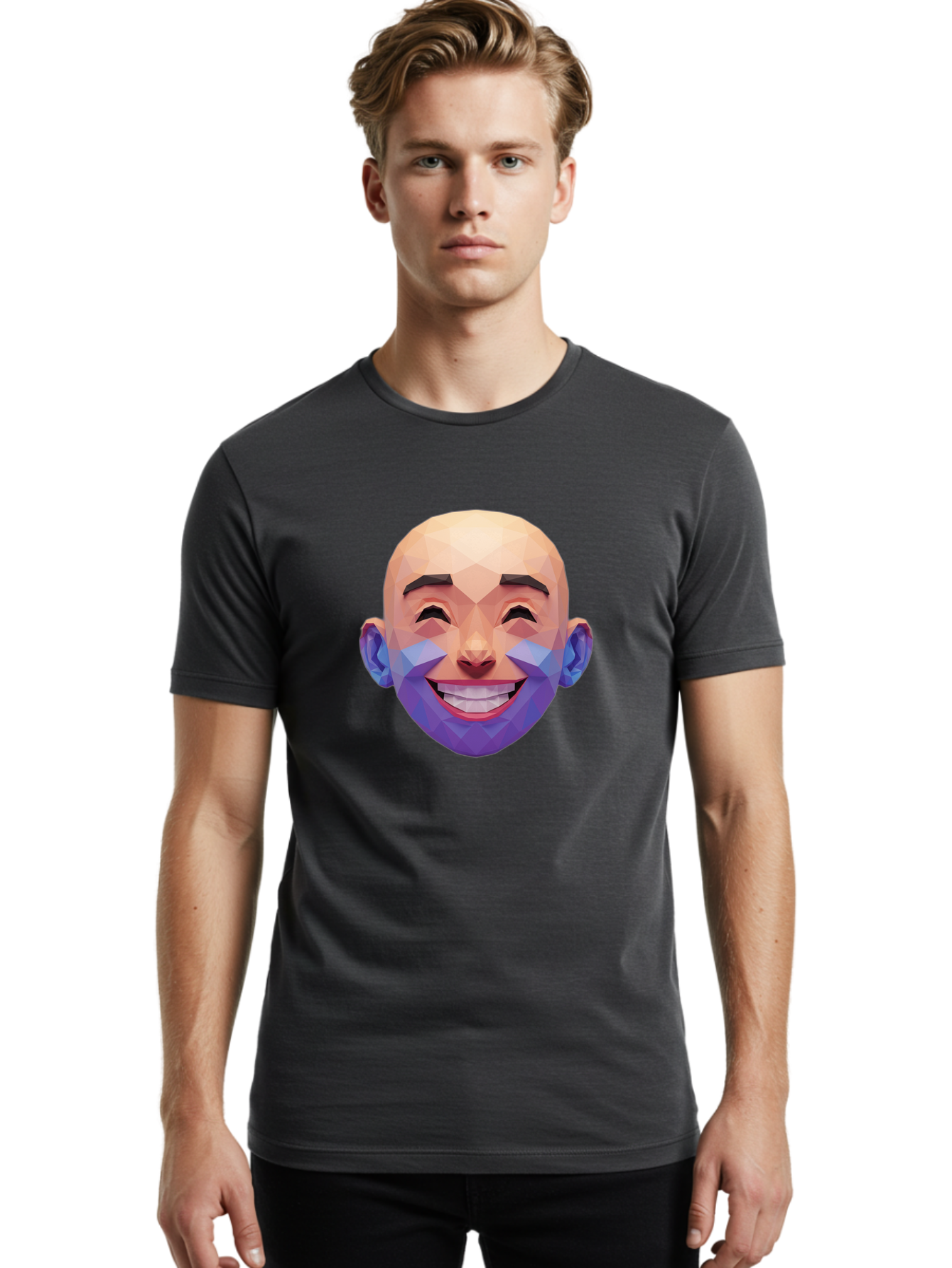 Low-Poly-Face Men'S Graphic Tee, 100% Cotton, Comfortable Casual Summer Wear, Machine Washable, Low Poly Art, 3D Model, Smiling Face, Bald Man, Purple Beard, Happy Expression, Geometric Shapes, Cartoon Style, Digital Art, Modern Design Bae487