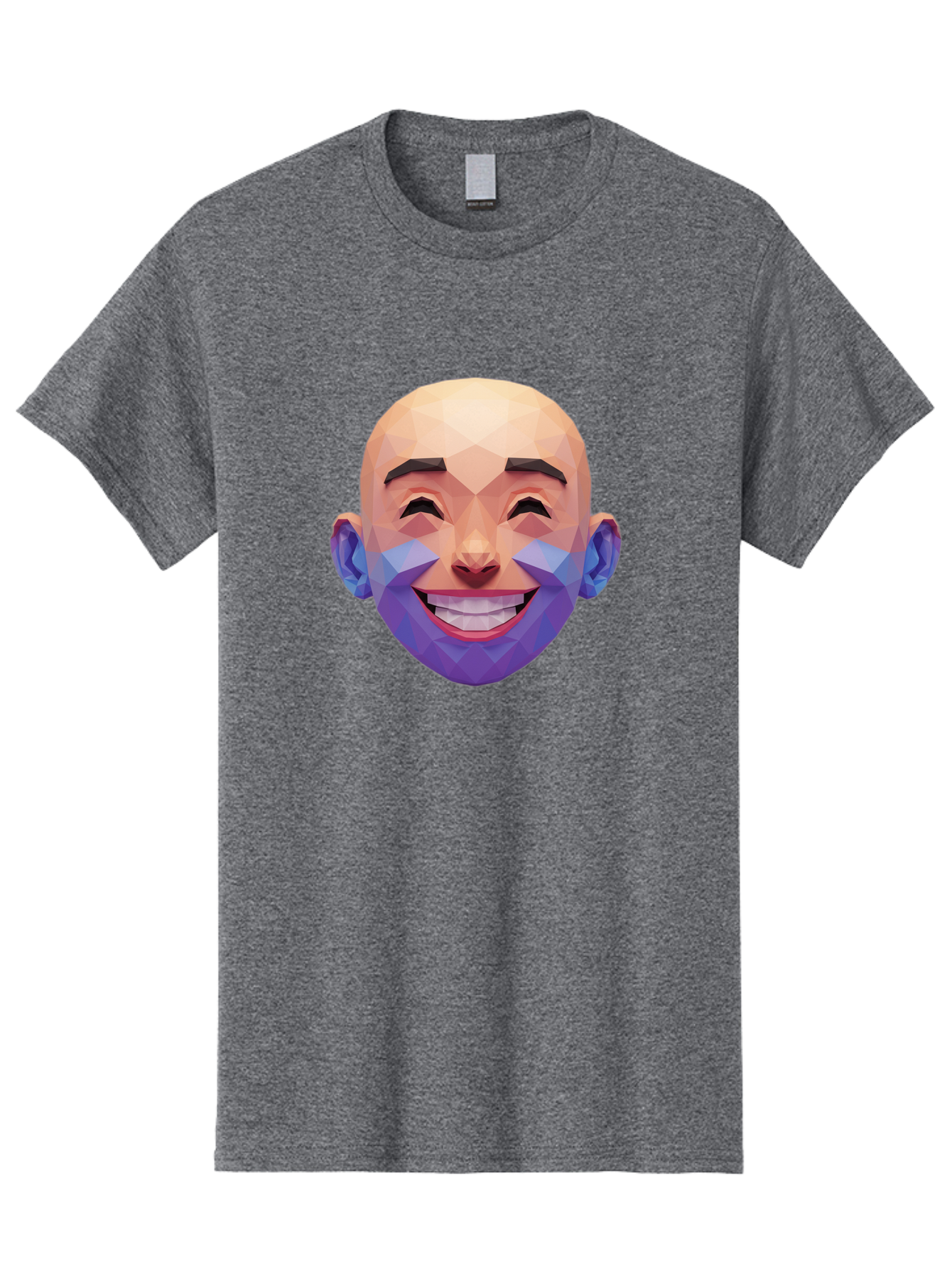 Low-Poly-Face Men'S Graphic Tee, 100% Cotton, Comfortable Casual Summer Wear, Machine Washable, Low Poly Art, 3D Model, Smiling Face, Bald Man, Purple Beard, Happy Expression, Geometric Shapes, Cartoon Style, Digital Art, Modern Design Bae487