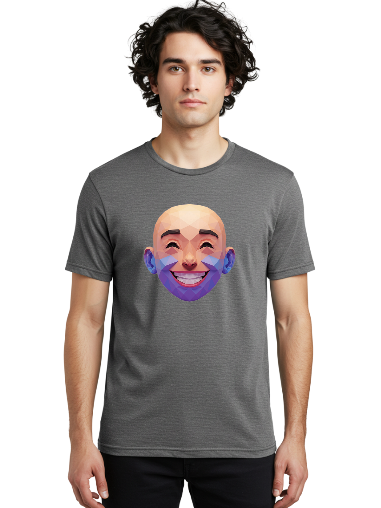 Low-Poly-Face Men'S Graphic Tee, 100% Cotton, Comfortable Casual Summer Wear, Machine Washable, Low Poly Art, 3D Model, Smiling Face, Bald Man, Purple Beard, Happy Expression, Geometric Shapes, Cartoon Style, Digital Art, Modern Design Bae487