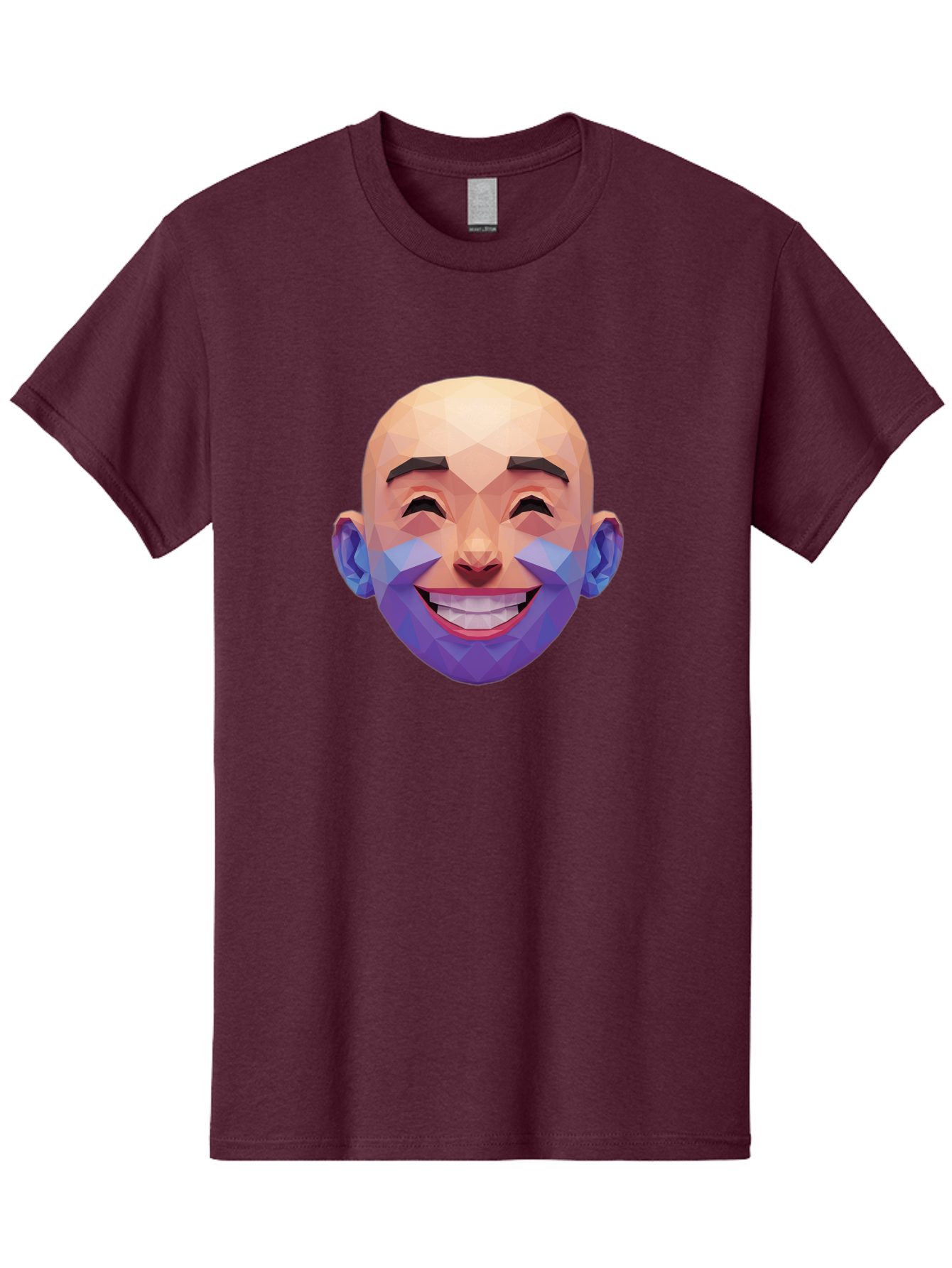 Low-Poly-Face Men'S Graphic Tee, 100% Cotton, Comfortable Casual Summer Wear, Machine Washable, Low Poly Art, 3D Model, Smiling Face, Bald Man, Purple Beard, Happy Expression, Geometric Shapes, Cartoon Style, Digital Art, Modern Design Bae487