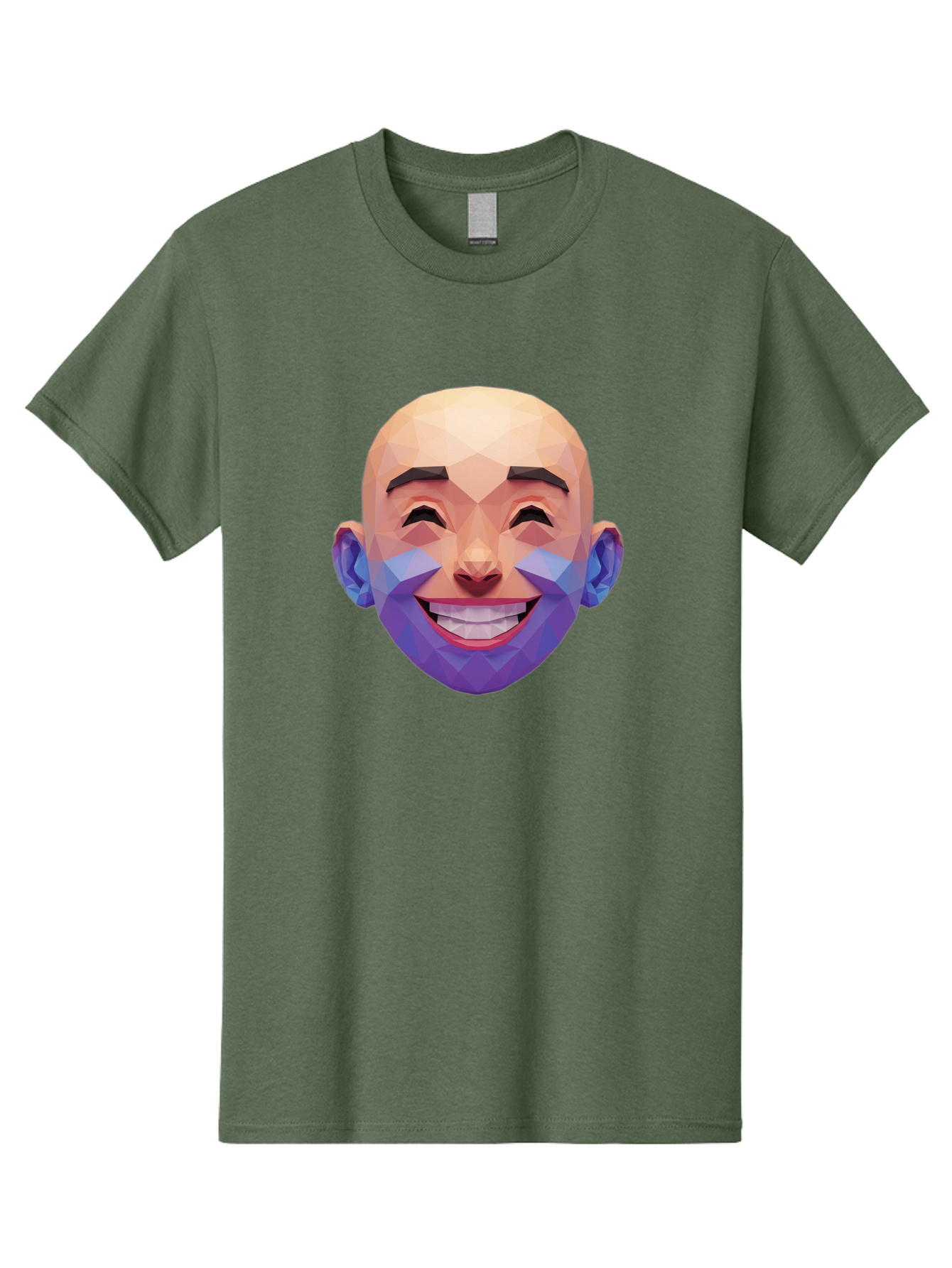 Low-Poly-Face Men'S Graphic Tee, 100% Cotton, Comfortable Casual Summer Wear, Machine Washable, Low Poly Art, 3D Model, Smiling Face, Bald Man, Purple Beard, Happy Expression, Geometric Shapes, Cartoon Style, Digital Art, Modern Design Bae487