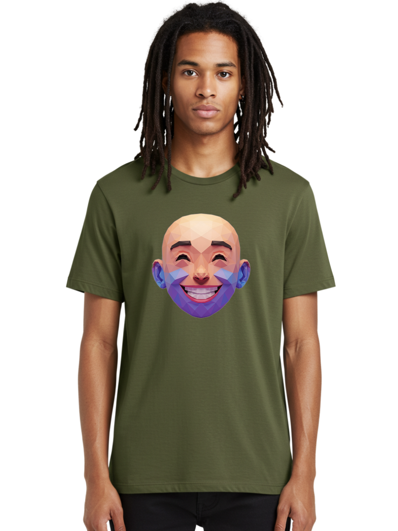 Low-Poly-Face Men'S Graphic Tee, 100% Cotton, Comfortable Casual Summer Wear, Machine Washable, Low Poly Art, 3D Model, Smiling Face, Bald Man, Purple Beard, Happy Expression, Geometric Shapes, Cartoon Style, Digital Art, Modern Design Bae487