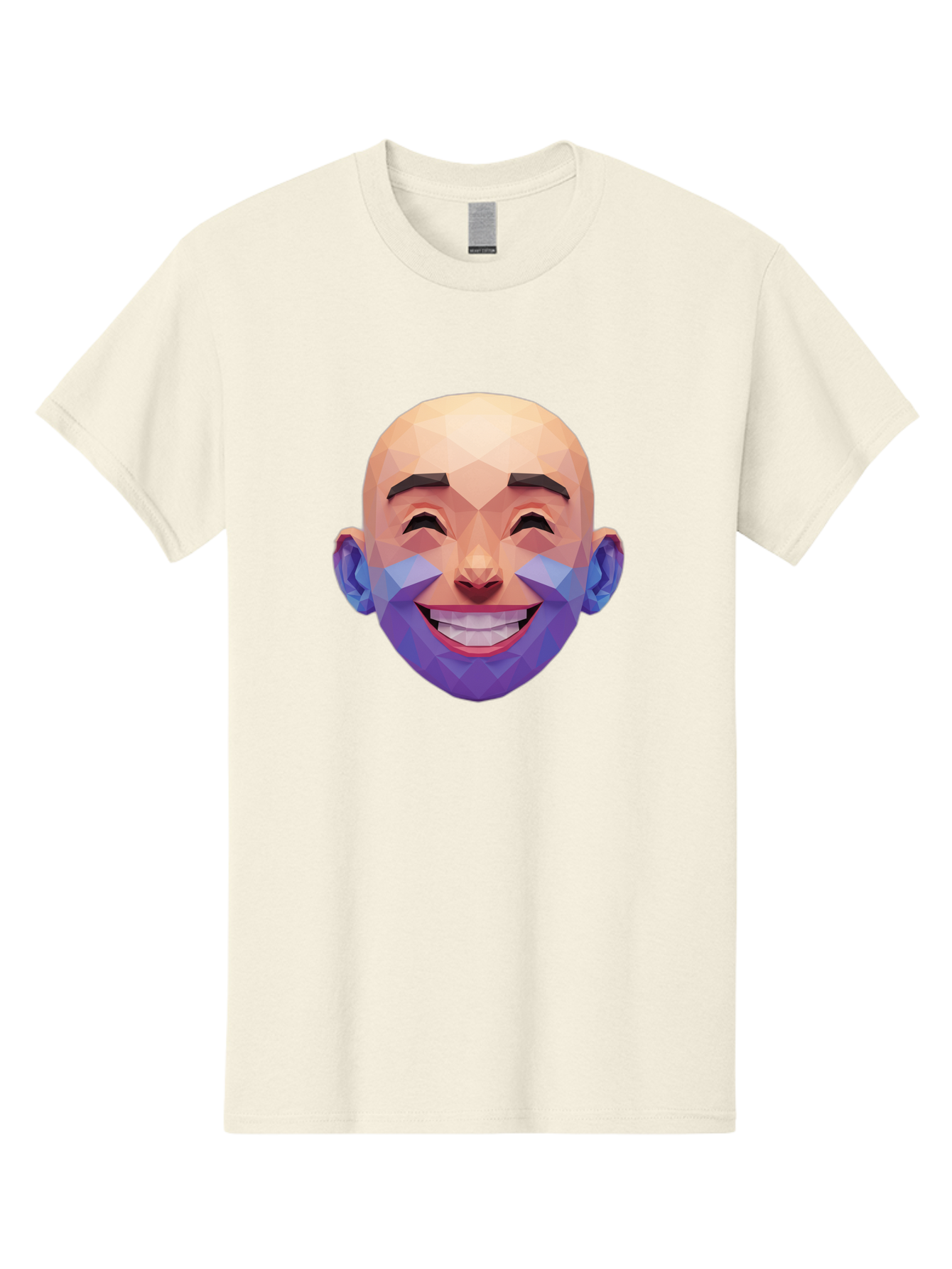 Low-Poly-Face Men'S Graphic Tee, 100% Cotton, Comfortable Casual Summer Wear, Machine Washable, Low Poly Art, 3D Model, Smiling Face, Bald Man, Purple Beard, Happy Expression, Geometric Shapes, Cartoon Style, Digital Art, Modern Design Bae487