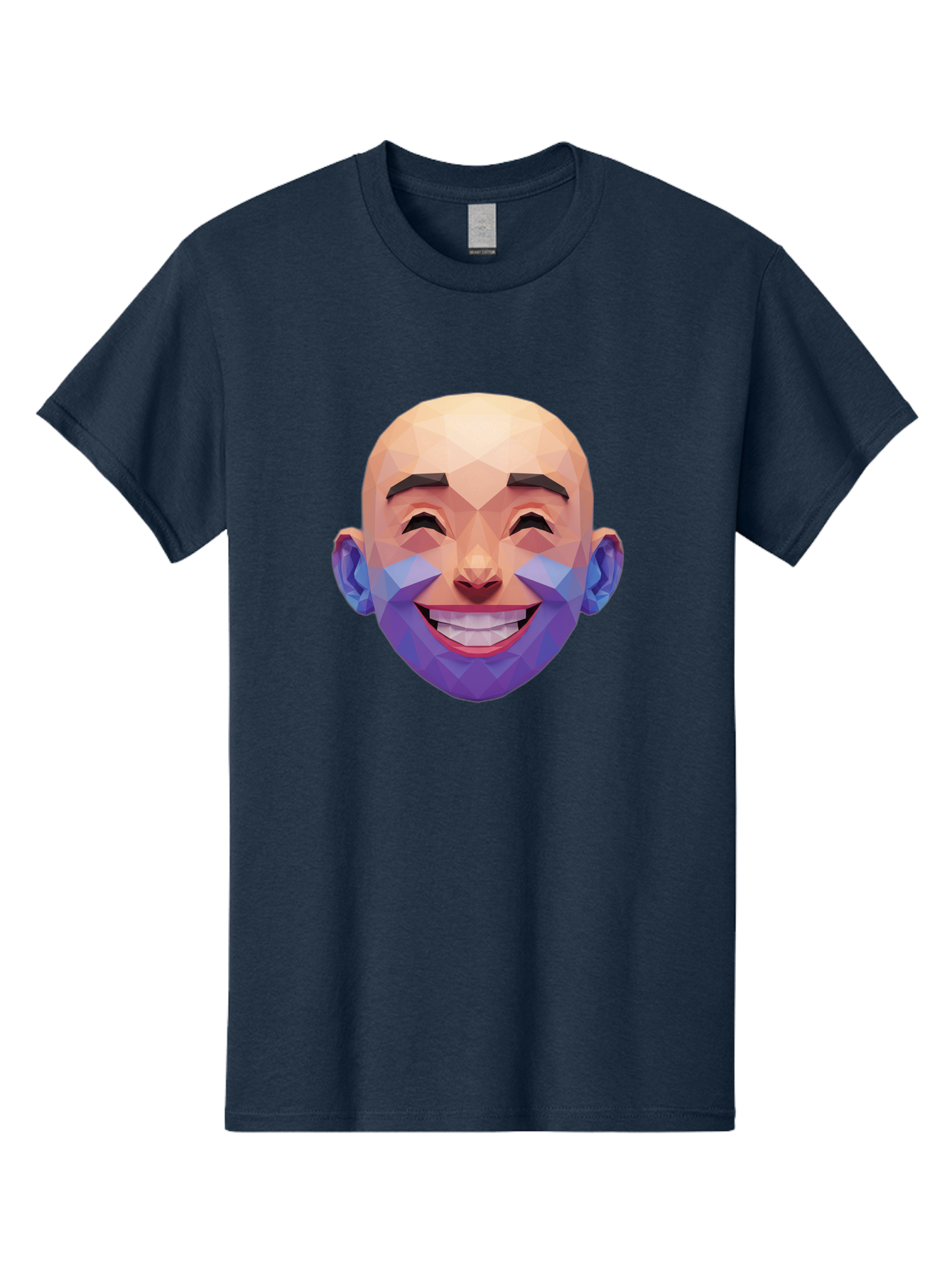 Low-Poly-Face Men'S Graphic Tee, 100% Cotton, Comfortable Casual Summer Wear, Machine Washable, Low Poly Art, 3D Model, Smiling Face, Bald Man, Purple Beard, Happy Expression, Geometric Shapes, Cartoon Style, Digital Art, Modern Design Bae487