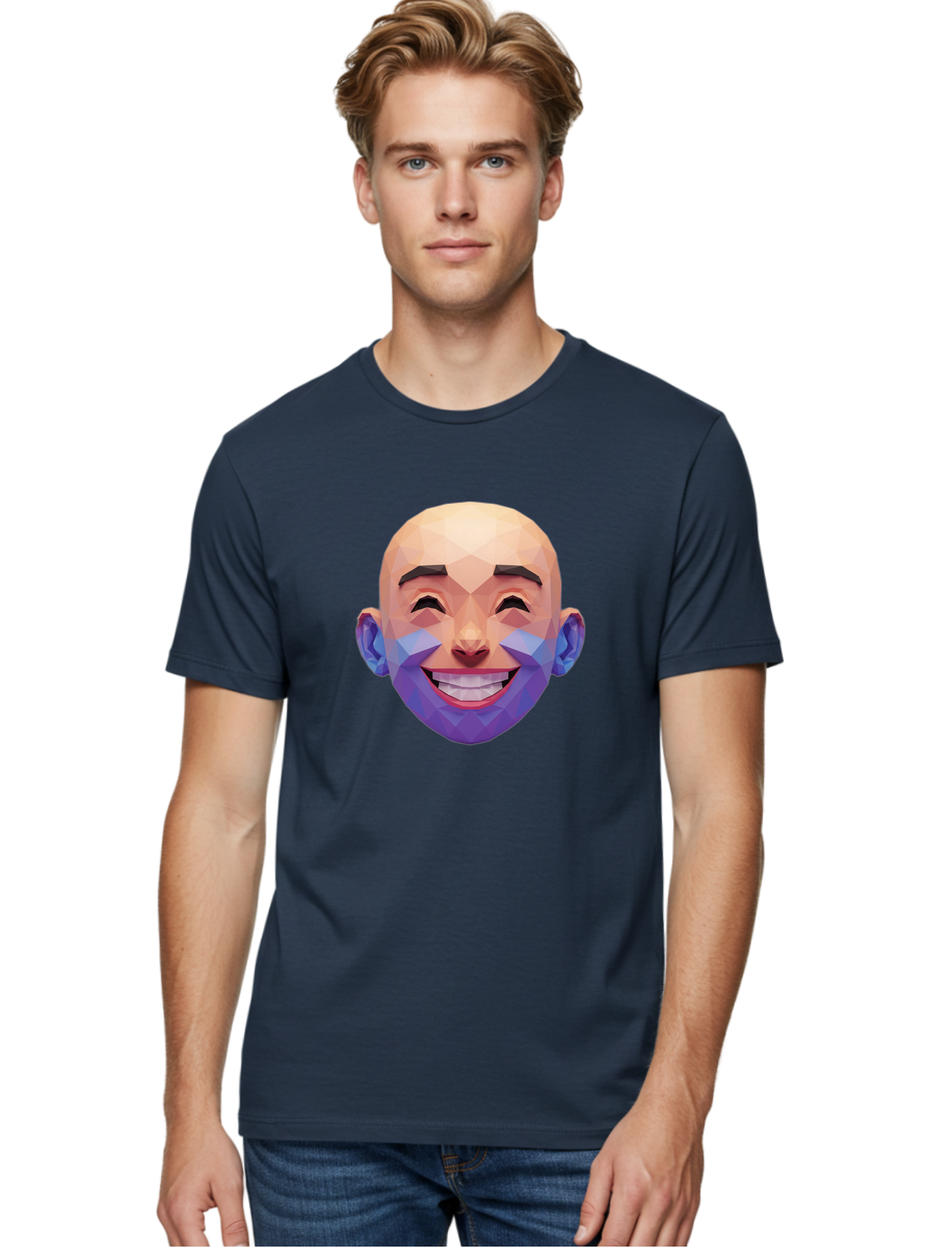 Low-Poly-Face Men'S Graphic Tee, 100% Cotton, Comfortable Casual Summer Wear, Machine Washable, Low Poly Art, 3D Model, Smiling Face, Bald Man, Purple Beard, Happy Expression, Geometric Shapes, Cartoon Style, Digital Art, Modern Design Bae487