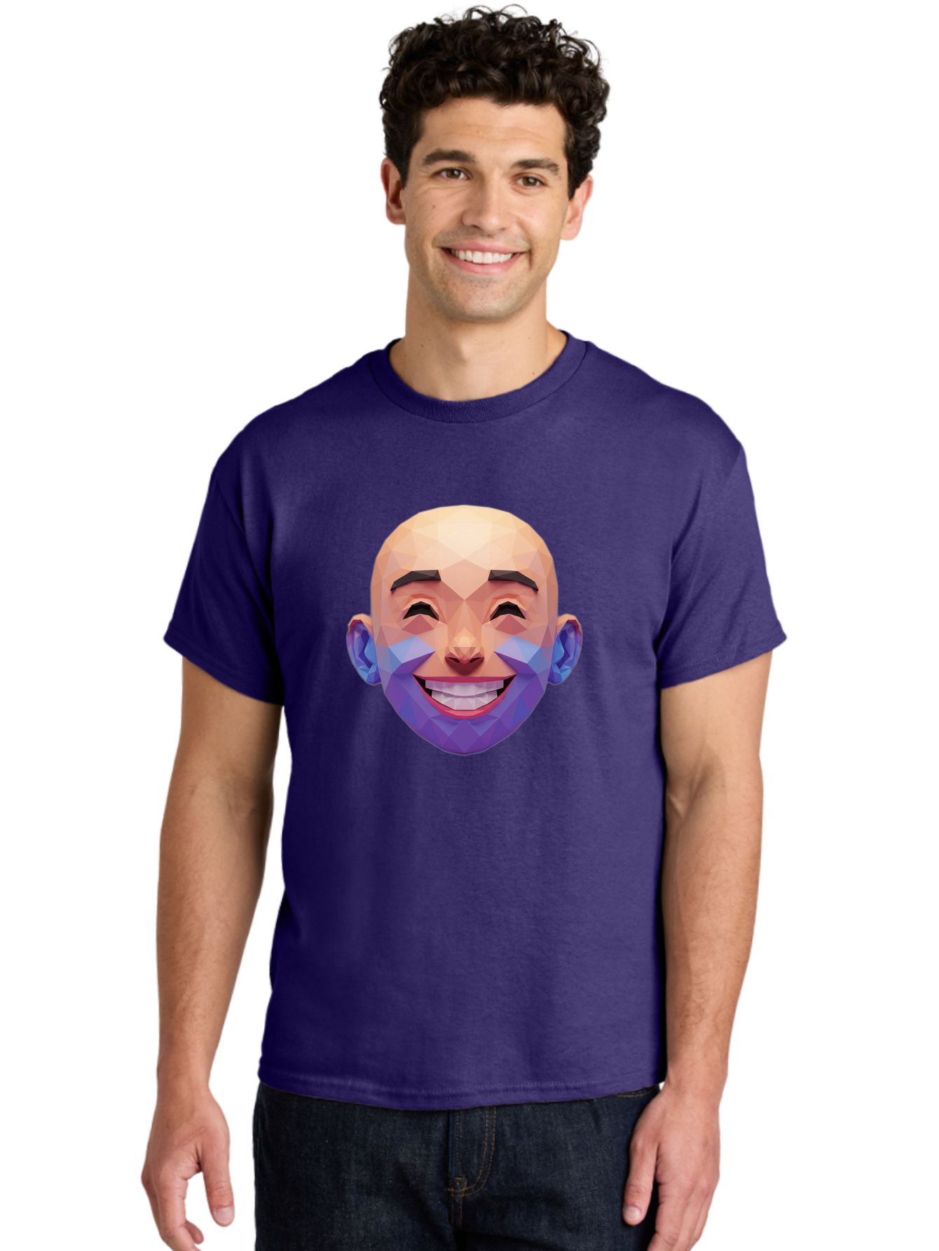 Low-Poly-Face Men'S Graphic Tee, 100% Cotton, Comfortable Casual Summer Wear, Machine Washable, Low Poly Art, 3D Model, Smiling Face, Bald Man, Purple Beard, Happy Expression, Geometric Shapes, Cartoon Style, Digital Art, Modern Design Bae487
