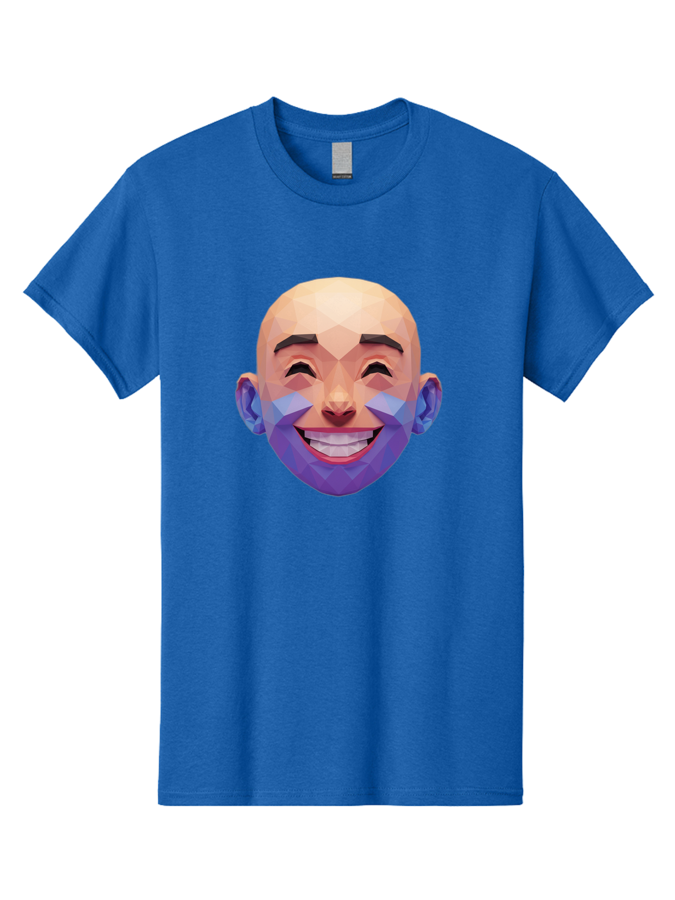 Low-Poly-Face Men'S Graphic Tee, 100% Cotton, Comfortable Casual Summer Wear, Machine Washable, Low Poly Art, 3D Model, Smiling Face, Bald Man, Purple Beard, Happy Expression, Geometric Shapes, Cartoon Style, Digital Art, Modern Design Bae487