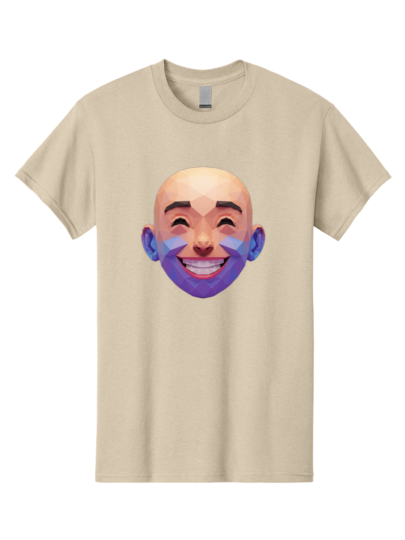 Low-Poly-Face Men'S Graphic Tee, 100% Cotton, Comfortable Casual Summer Wear, Machine Washable, Low Poly Art, 3D Model, Smiling Face, Bald Man, Purple Beard, Happy Expression, Geometric Shapes, Cartoon Style, Digital Art, Modern Design Bae487