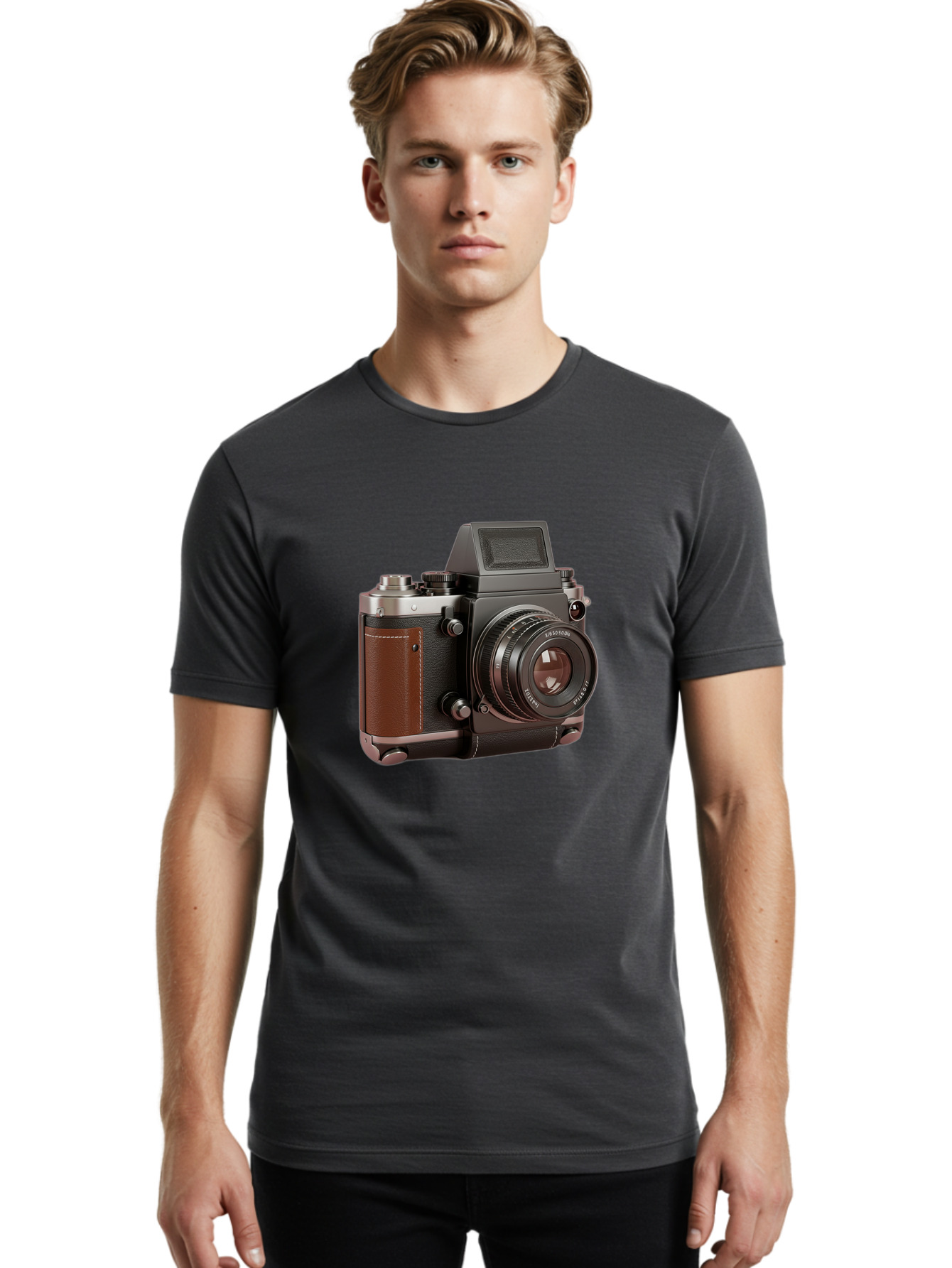 Mamiya-Sekor-50Mm-F-1-7-Lens-On-Camera-Body Men'S Graphic Tee, 100% Cotton, Comfortable Casual Summer Wear, Machine Washable, Hasselblad 500C Camera, Medium Format Camera, Hasselblad Lens, Photography Equipment, Vintage Camera, Classic Design, Bae489