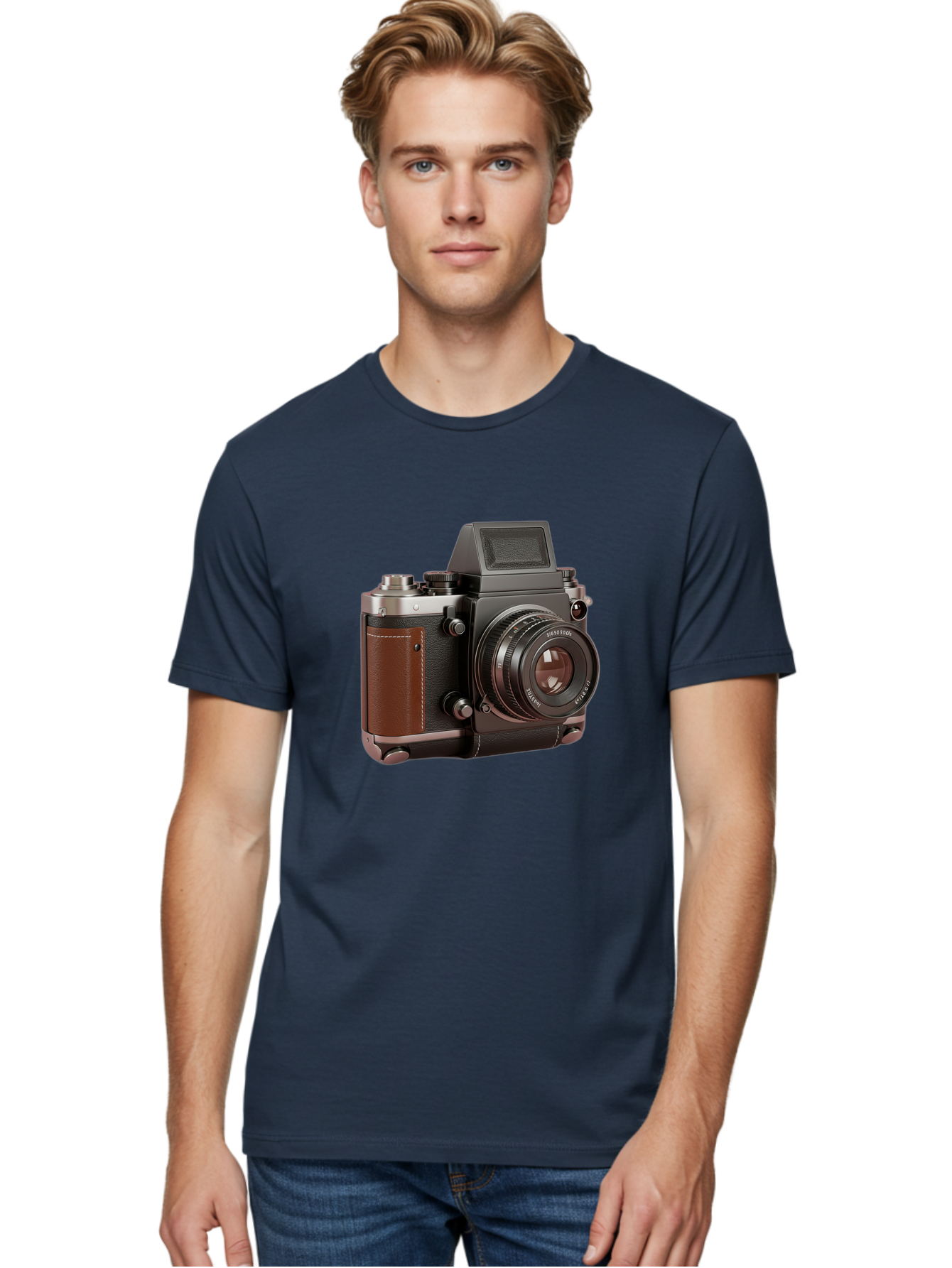 Mamiya-Sekor-50Mm-F-1-7-Lens-On-Camera-Body Men'S Graphic Tee, 100% Cotton, Comfortable Casual Summer Wear, Machine Washable, Hasselblad 500C Camera, Medium Format Camera, Hasselblad Lens, Photography Equipment, Vintage Camera, Classic Design, Bae489