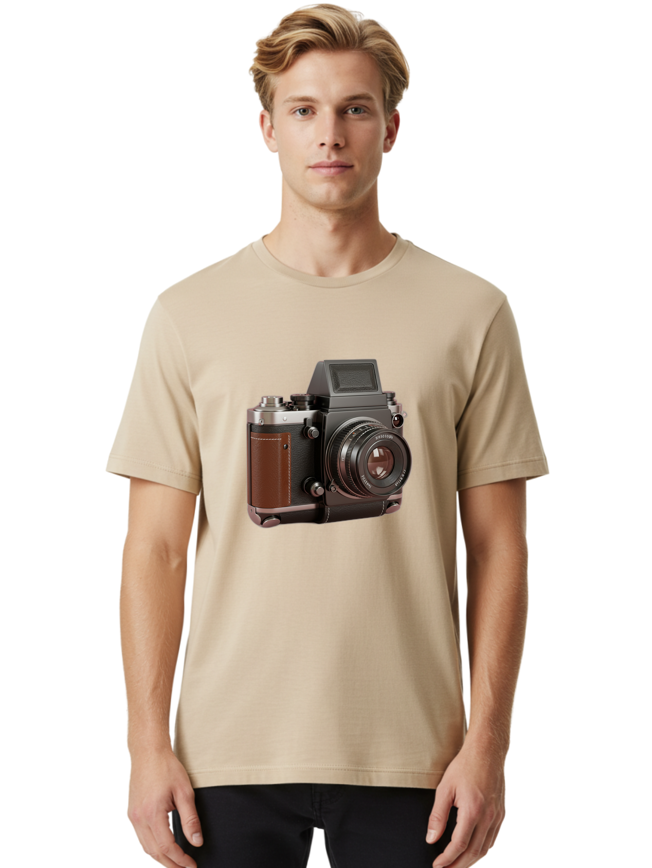 Mamiya-Sekor-50Mm-F-1-7-Lens-On-Camera-Body Men'S Graphic Tee, 100% Cotton, Comfortable Casual Summer Wear, Machine Washable, Hasselblad 500C Camera, Medium Format Camera, Hasselblad Lens, Photography Equipment, Vintage Camera, Classic Design, Bae489