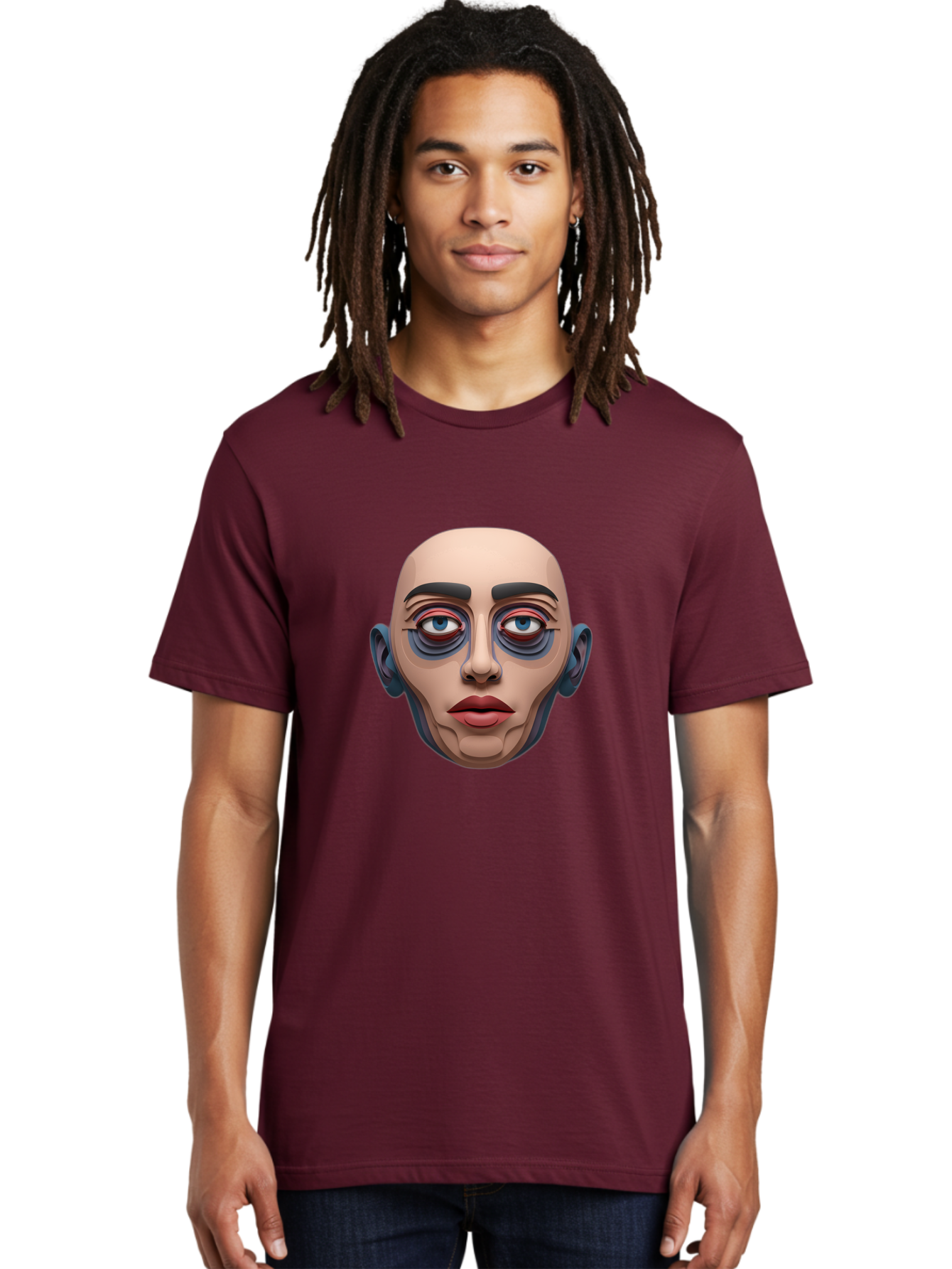 Melting-Face Men'S Graphic Tee, 100% Cotton, Comfortable Casual Summer Wear, Machine Washable, Expressive Face, Surprised Look, Wide-Eyed Expression, Bold Eyebrows, Digital Art, Futuristic Character, Cartoon Style, Emotive Illustration, Bae493