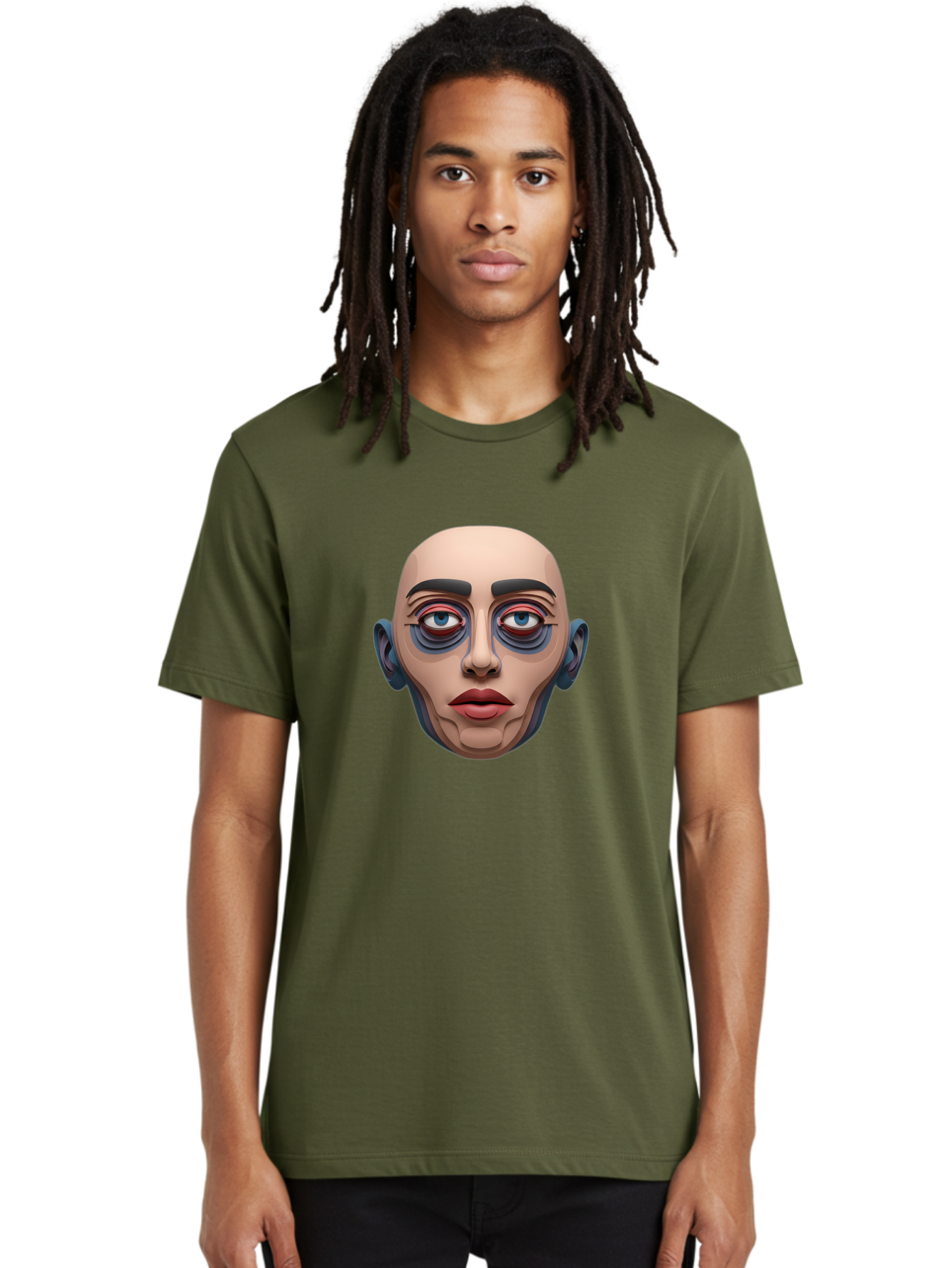 Melting-Face Men'S Graphic Tee, 100% Cotton, Comfortable Casual Summer Wear, Machine Washable, Expressive Face, Surprised Look, Wide-Eyed Expression, Bold Eyebrows, Digital Art, Futuristic Character, Cartoon Style, Emotive Illustration, Bae493