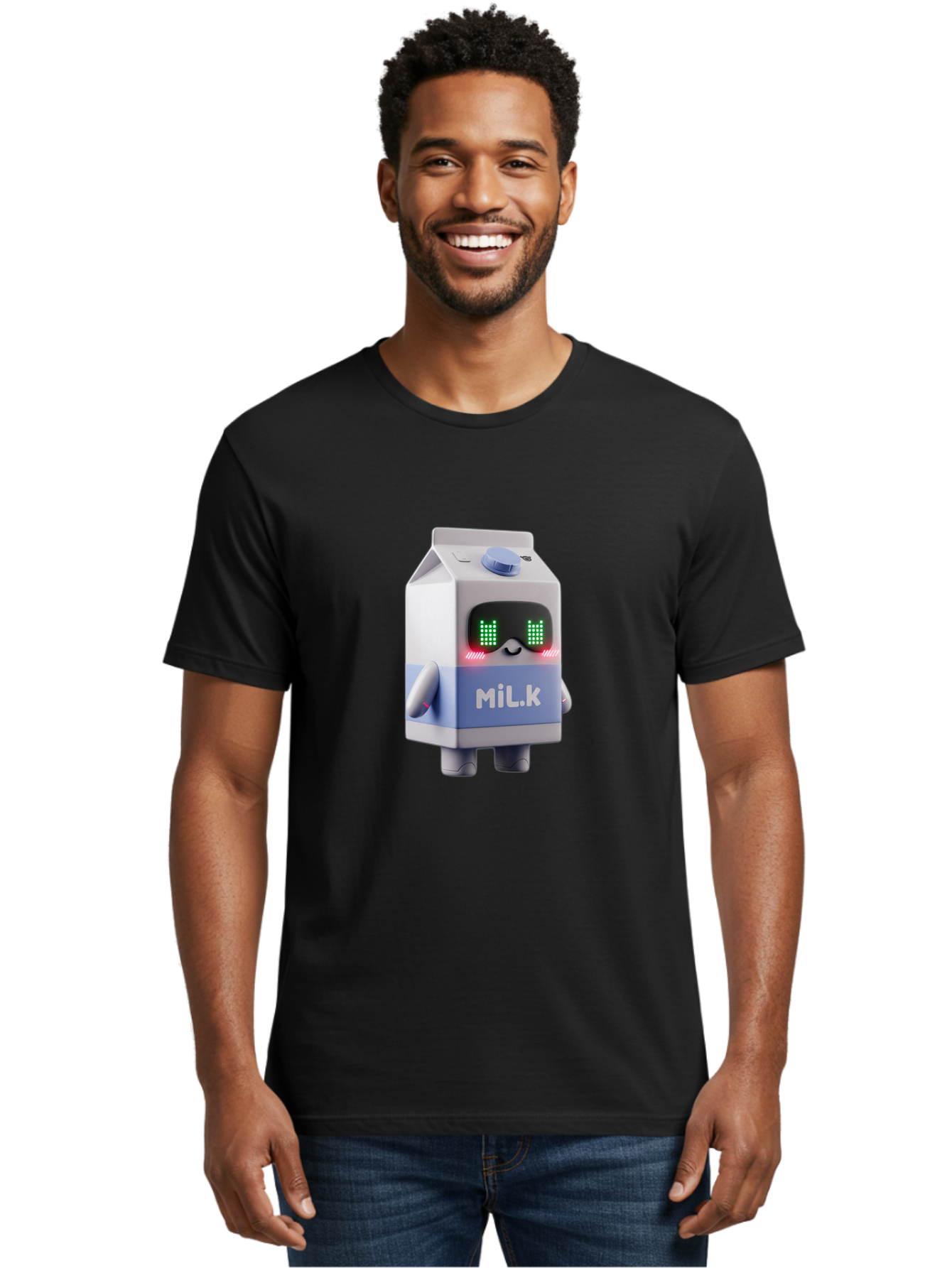 Mil-K-Milk-Carton-Robot Men'S Graphic Tee, 100% Cotton, Comfortable Casual Summer Wear, Machine Washable, Cartoon Milk Carton, Robotic Character, Digital Illustration, Futuristic Design, Glowing Eyes, Led Lights, Cute Mascot, Dairy Product, Bae495