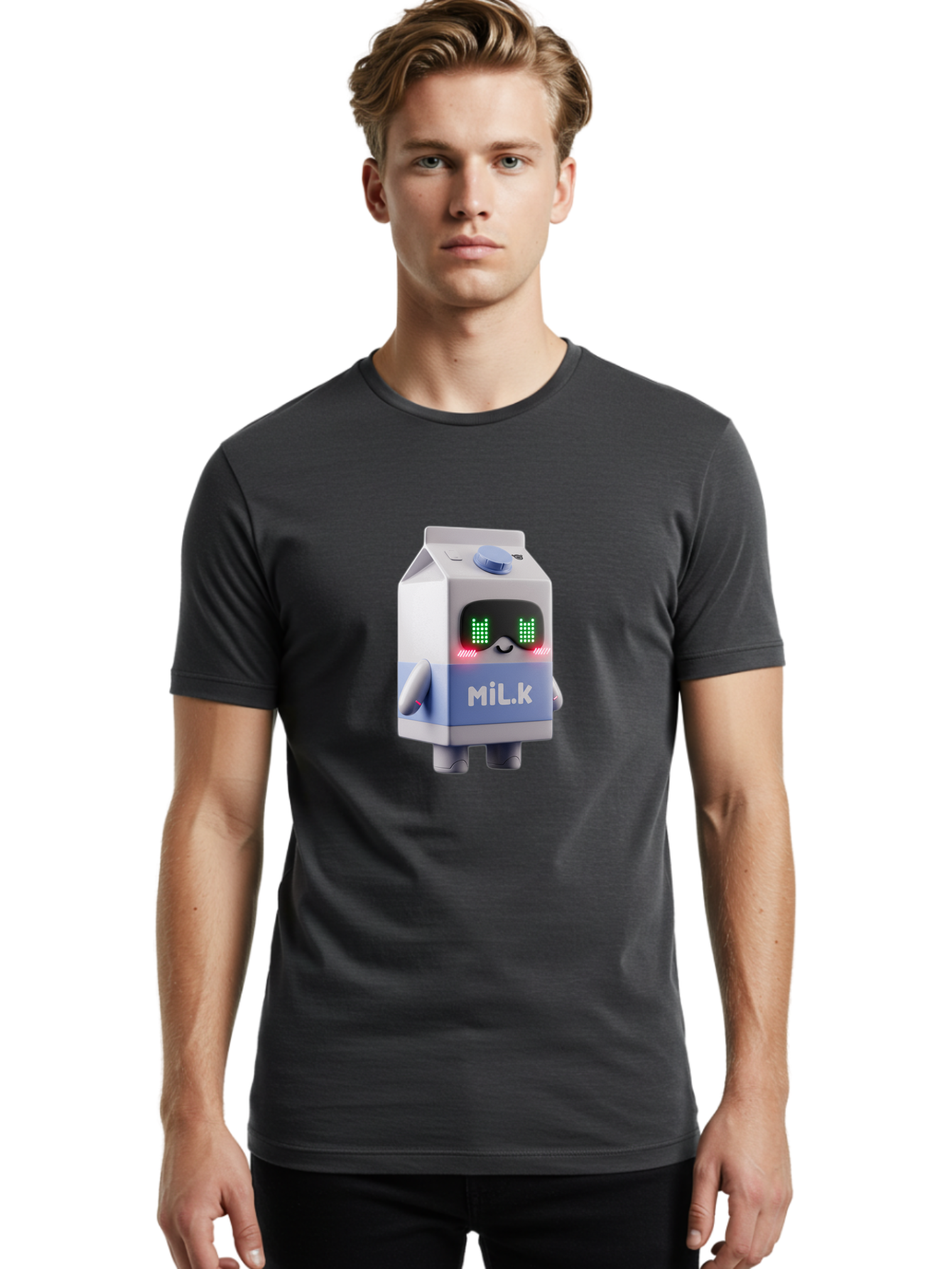 Mil-K-Milk-Carton-Robot Men'S Graphic Tee, 100% Cotton, Comfortable Casual Summer Wear, Machine Washable, Cartoon Milk Carton, Robotic Character, Digital Illustration, Futuristic Design, Glowing Eyes, Led Lights, Cute Mascot, Dairy Product, Bae495