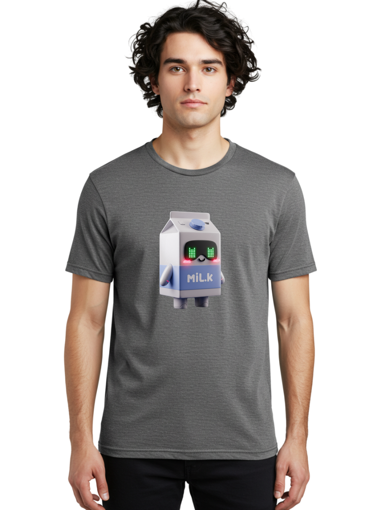 Mil-K-Milk-Carton-Robot Men'S Graphic Tee, 100% Cotton, Comfortable Casual Summer Wear, Machine Washable, Cartoon Milk Carton, Robotic Character, Digital Illustration, Futuristic Design, Glowing Eyes, Led Lights, Cute Mascot, Dairy Product, Bae495