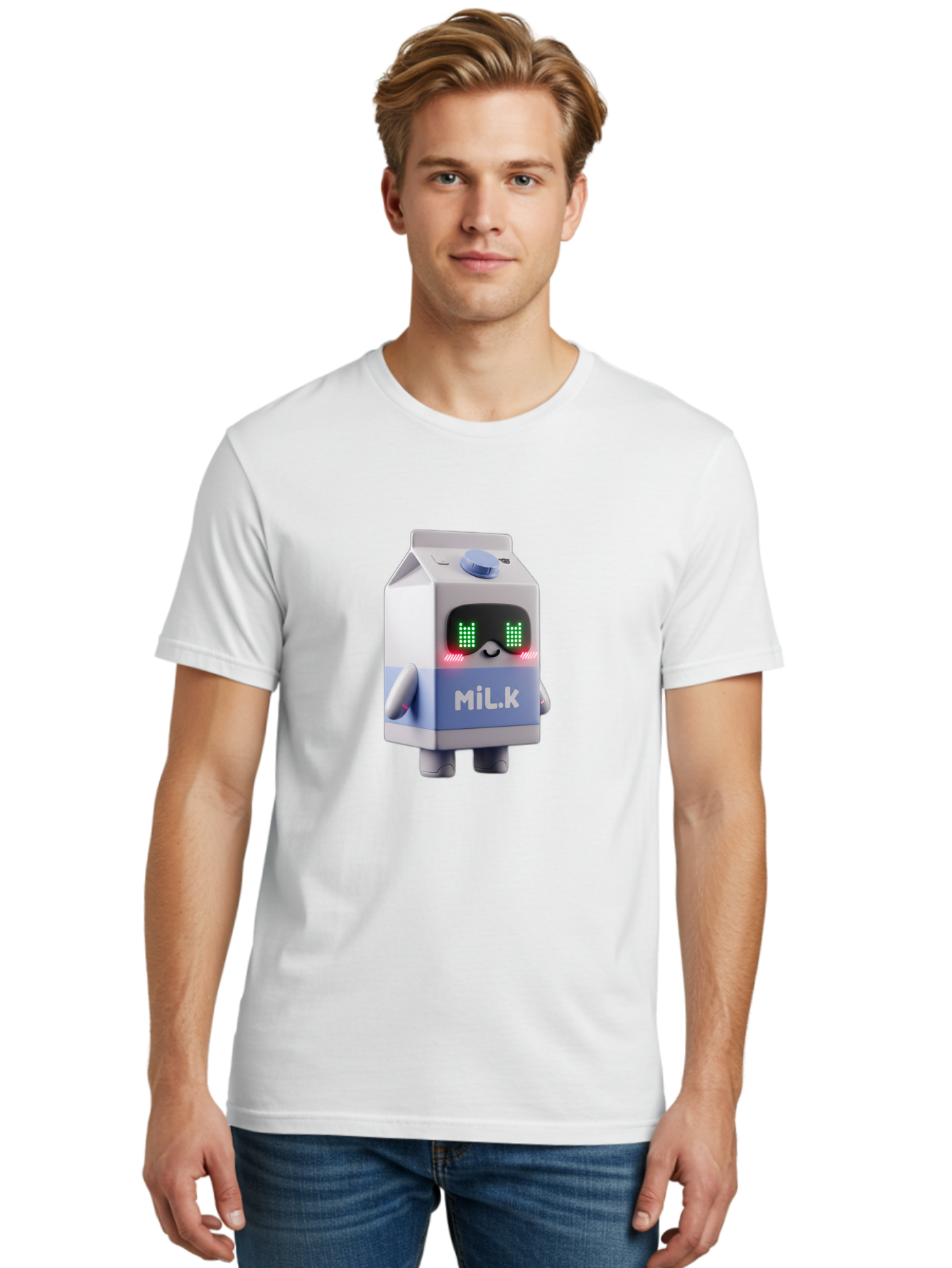 Mil-K-Milk-Carton-Robot Men'S Graphic Tee, 100% Cotton, Comfortable Casual Summer Wear, Machine Washable, Cartoon Milk Carton, Robotic Character, Digital Illustration, Futuristic Design, Glowing Eyes, Led Lights, Cute Mascot, Dairy Product, Bae495