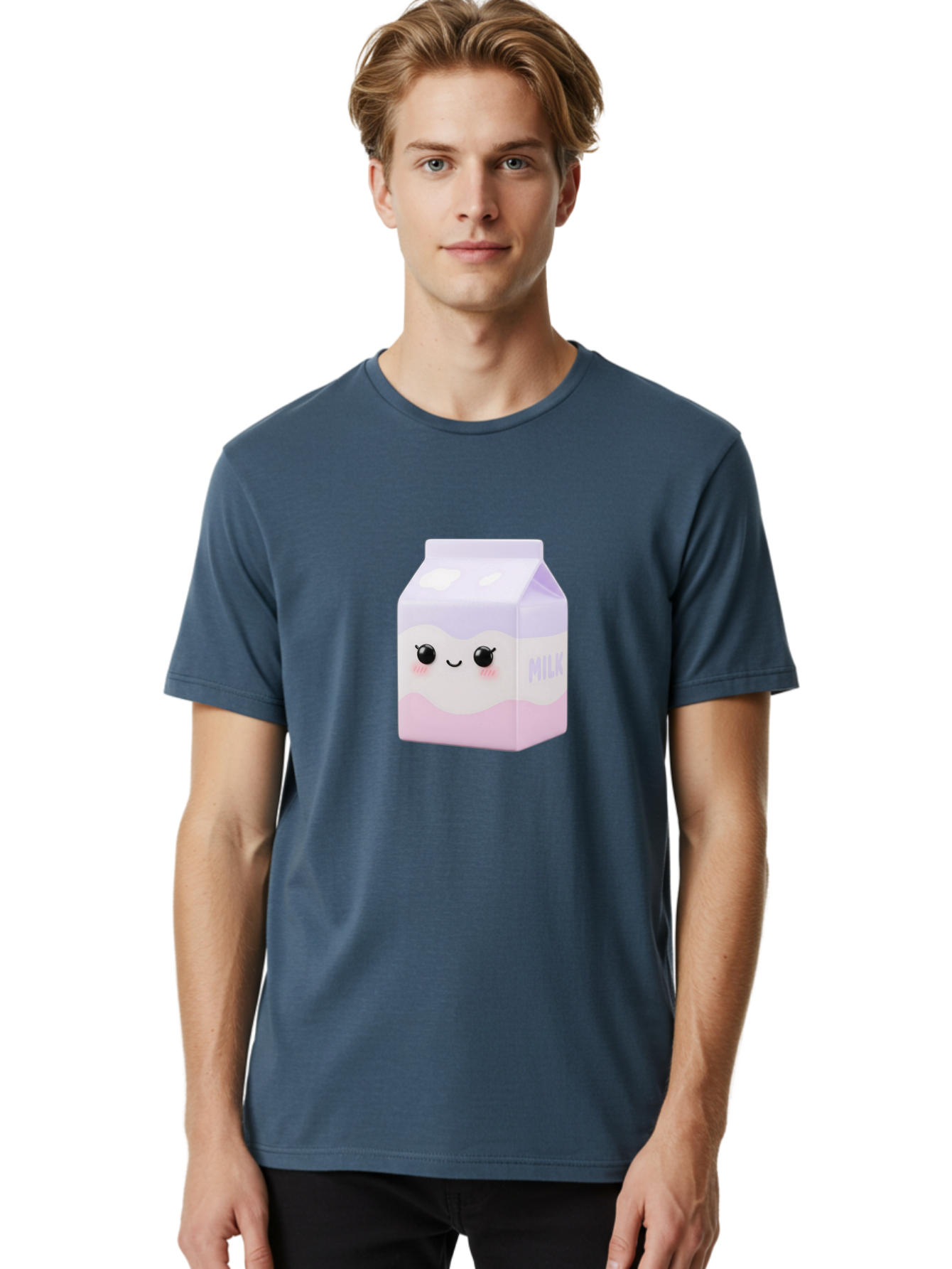 Milk-1 Men'S Graphic Tee, 100% Cotton, Comfortable Casual Summer Wear, Machine Washable, Carton Of Milk, Cute Face, Smiling Eyes, Pink Blush, Kawaii Character, Dairy Product, Funny Illustration, Purple And Pink Colors, Whimsical Design Bae496