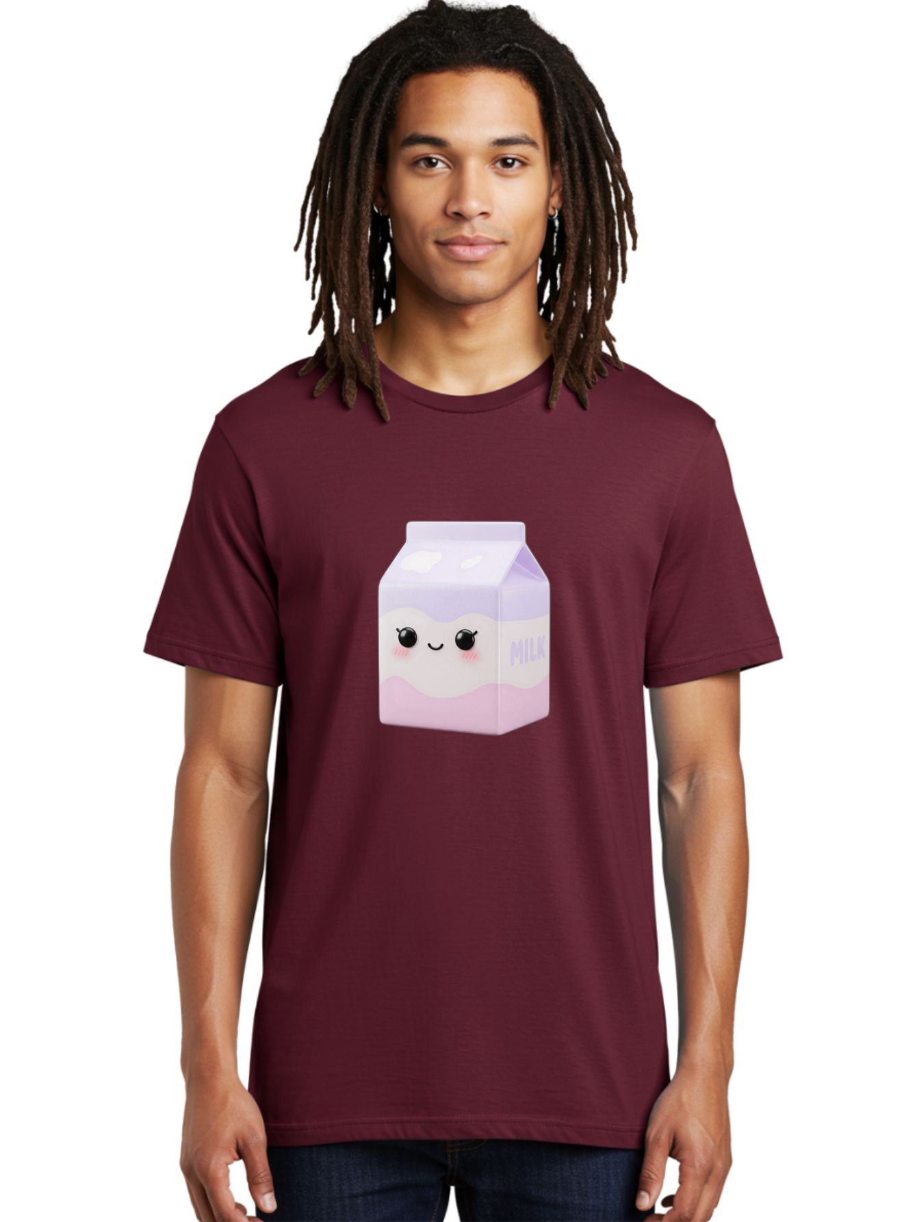 Milk-1 Men'S Graphic Tee, 100% Cotton, Comfortable Casual Summer Wear, Machine Washable, Carton Of Milk, Cute Face, Smiling Eyes, Pink Blush, Kawaii Character, Dairy Product, Funny Illustration, Purple And Pink Colors, Whimsical Design Bae496