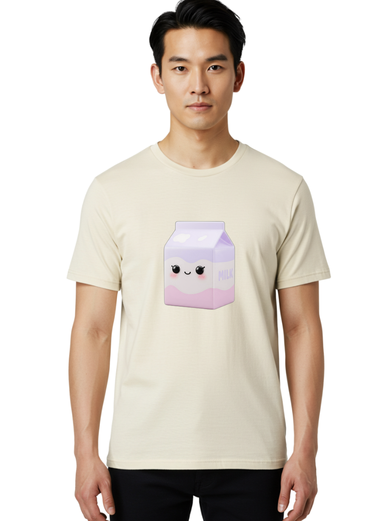 Milk-1 Men'S Graphic Tee, 100% Cotton, Comfortable Casual Summer Wear, Machine Washable, Carton Of Milk, Cute Face, Smiling Eyes, Pink Blush, Kawaii Character, Dairy Product, Funny Illustration, Purple And Pink Colors, Whimsical Design Bae496