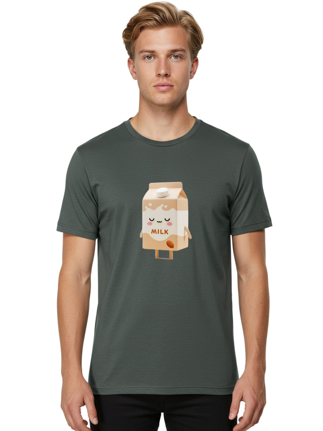 Milk-2 Men'S Graphic Tee, 100% Cotton, Comfortable Casual Summer Wear, Machine Washable, Cartoon Milk Carton, Kawaii Character, Cute Face, Almond Illustration, Dairy Product, Cute Design, Beverage Packaging, Adorable Mascot, Smiling Milk Bae497