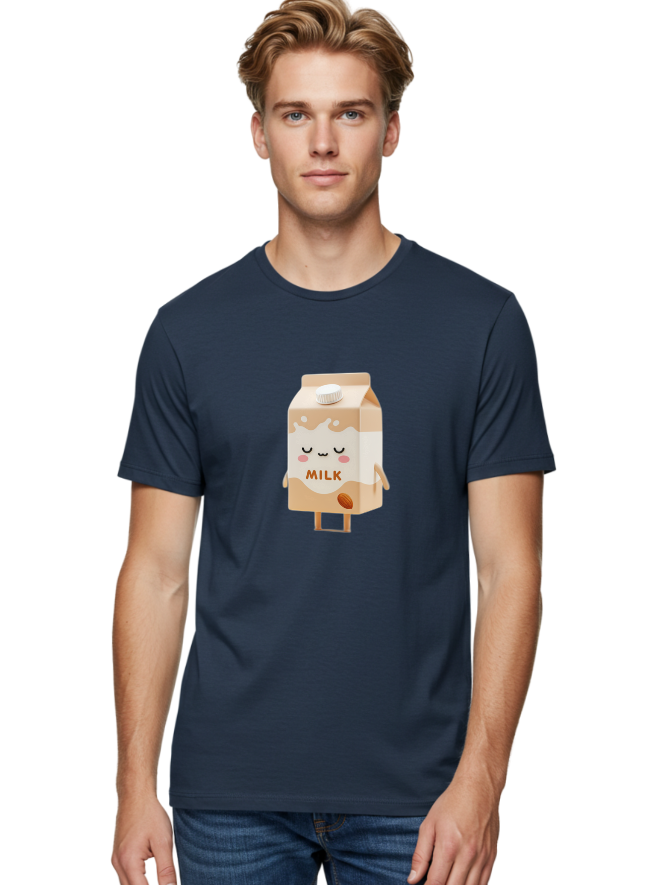 Milk-2 Men'S Graphic Tee, 100% Cotton, Comfortable Casual Summer Wear, Machine Washable, Cartoon Milk Carton, Kawaii Character, Cute Face, Almond Illustration, Dairy Product, Cute Design, Beverage Packaging, Adorable Mascot, Smiling Milk Bae497