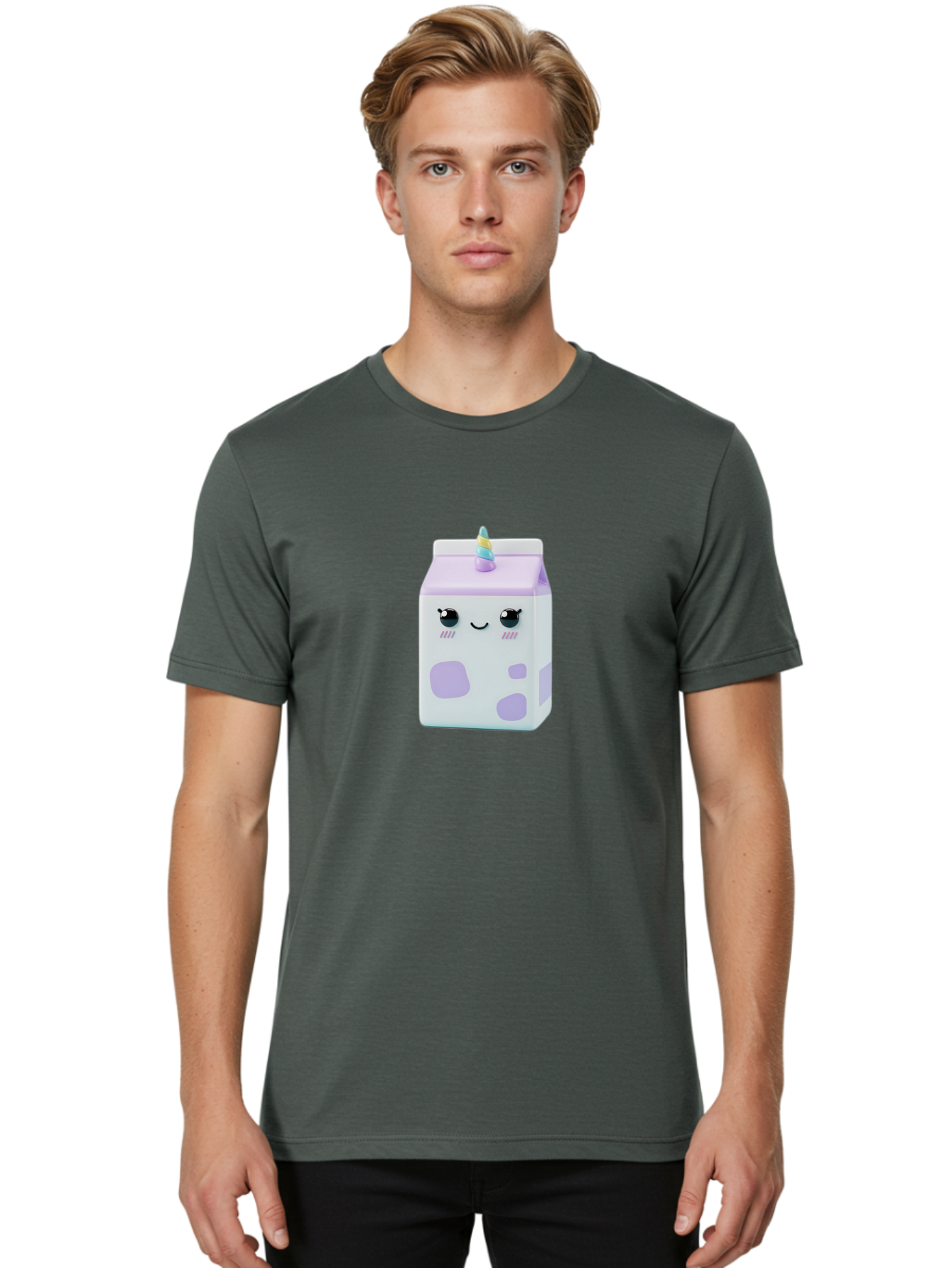 Milk-Carton-1 Men'S Graphic Tee, 100% Cotton, Comfortable Casual Summer Wear, Machine Washable, Milk Carton, Cartoon Character, Unicorn Horn, Purple And White, Cute Design, Funny Face, Kawaii, Playful, Whimsical, Charming, Bae501