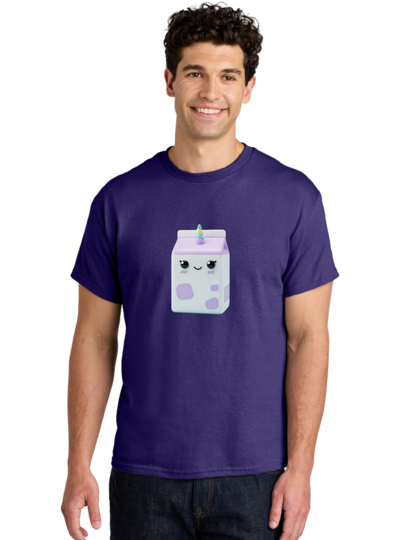 Milk-Carton-1 Men'S Graphic Tee, 100% Cotton, Comfortable Casual Summer Wear, Machine Washable, Milk Carton, Cartoon Character, Unicorn Horn, Purple And White, Cute Design, Funny Face, Kawaii, Playful, Whimsical, Charming, Bae501