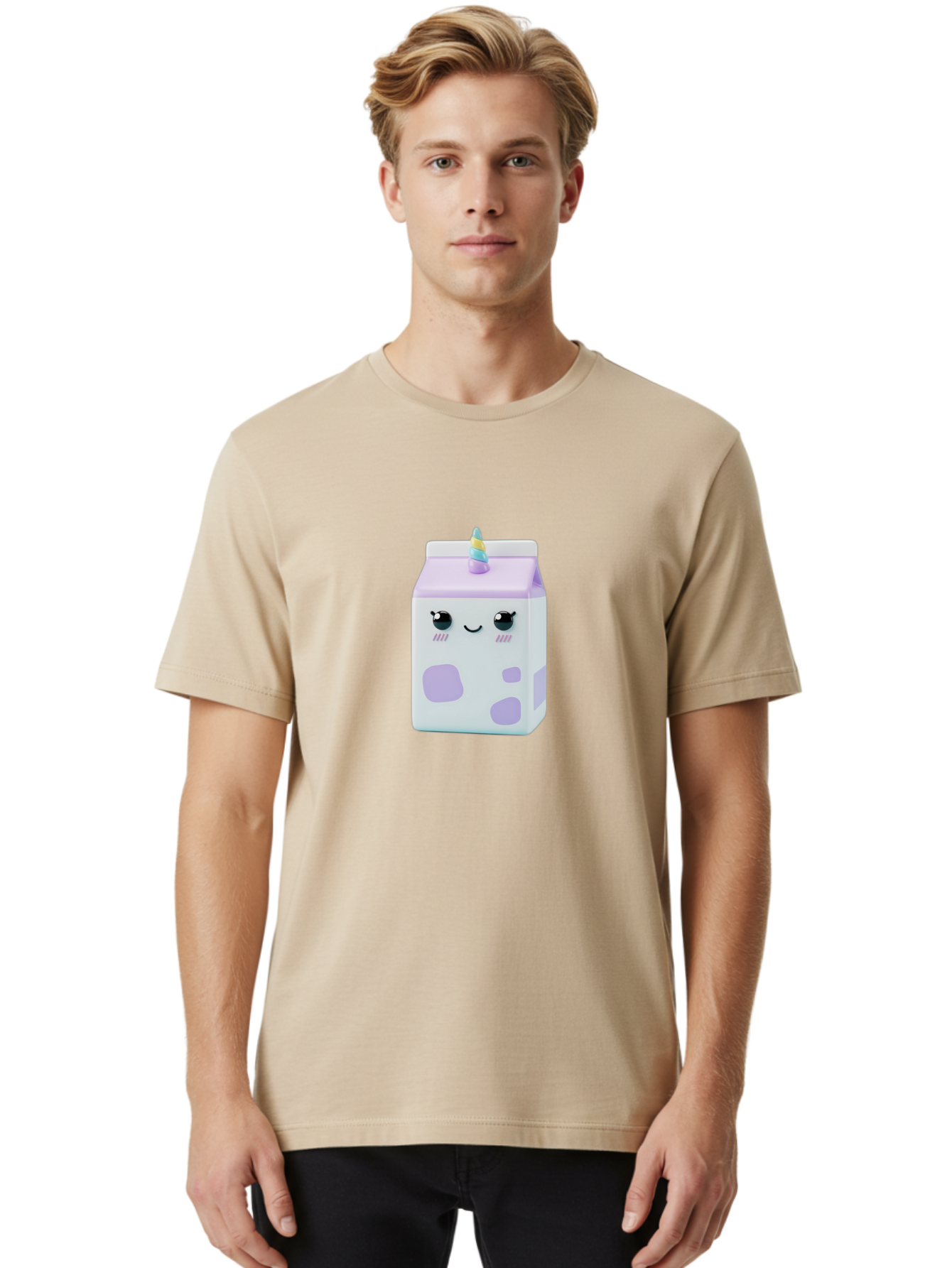 Milk-Carton-1 Men'S Graphic Tee, 100% Cotton, Comfortable Casual Summer Wear, Machine Washable, Milk Carton, Cartoon Character, Unicorn Horn, Purple And White, Cute Design, Funny Face, Kawaii, Playful, Whimsical, Charming, Bae501