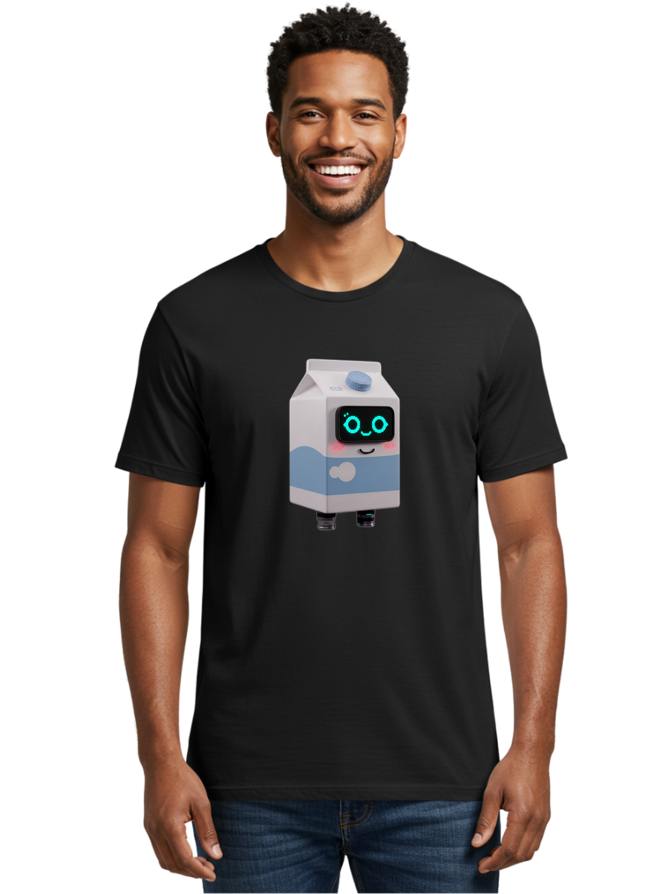 Milk-Carton-Robot Men'S Graphic Tee, 100% Cotton, Comfortable Casual Summer Wear, Machine Washable, Cartoon Milk Carton, Robot Character, Glowing Blue Eyes, Smiling Face, Cute Design, Childrens Illustration, 3D Rendering, Fun And Playful, Bae502