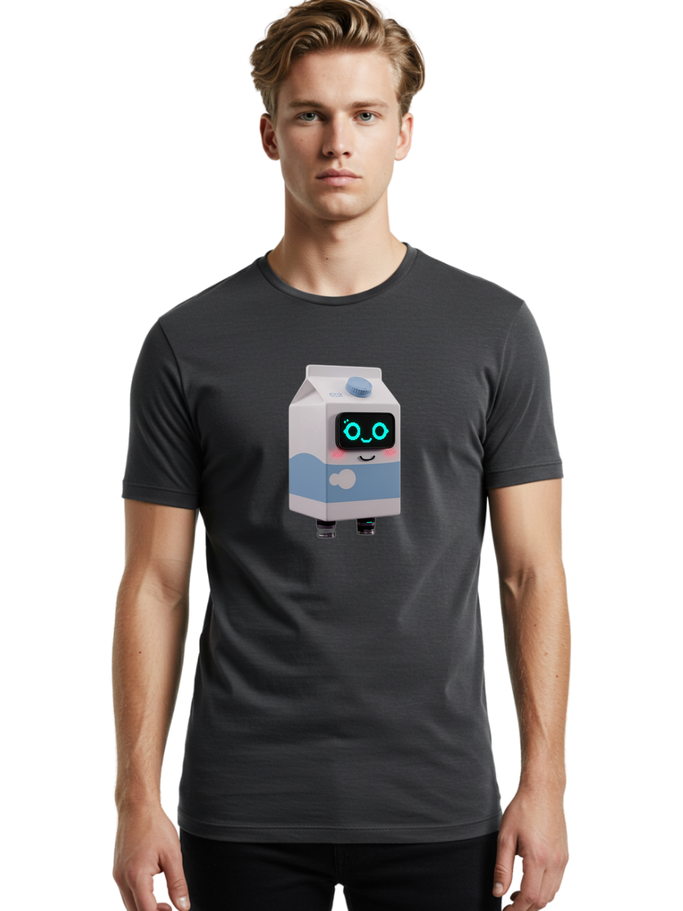 Milk-Carton-Robot Men'S Graphic Tee, 100% Cotton, Comfortable Casual Summer Wear, Machine Washable, Cartoon Milk Carton, Robot Character, Glowing Blue Eyes, Smiling Face, Cute Design, Childrens Illustration, 3D Rendering, Fun And Playful, Bae502