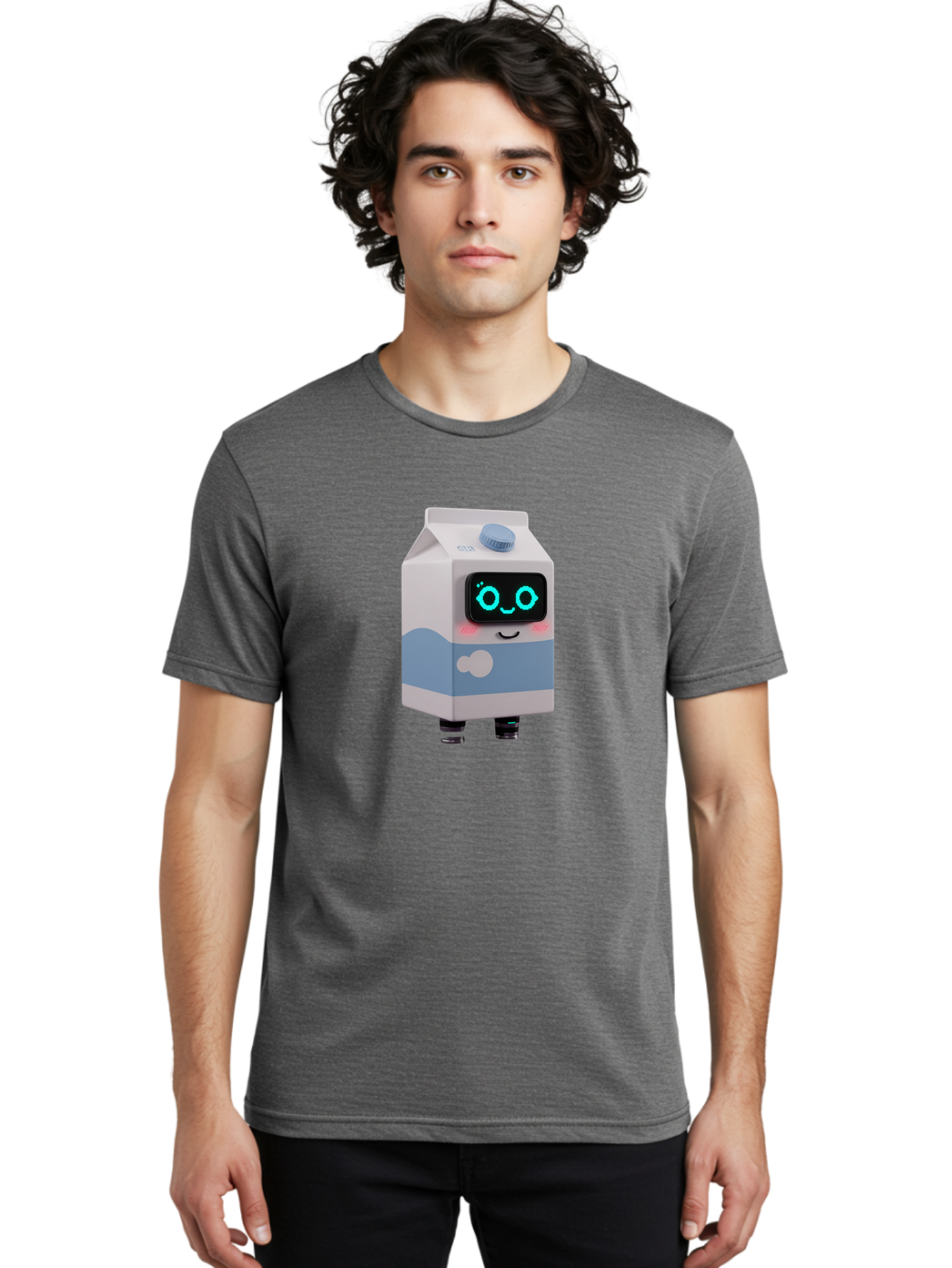Milk-Carton-Robot Men'S Graphic Tee, 100% Cotton, Comfortable Casual Summer Wear, Machine Washable, Cartoon Milk Carton, Robot Character, Glowing Blue Eyes, Smiling Face, Cute Design, Childrens Illustration, 3D Rendering, Fun And Playful, Bae502