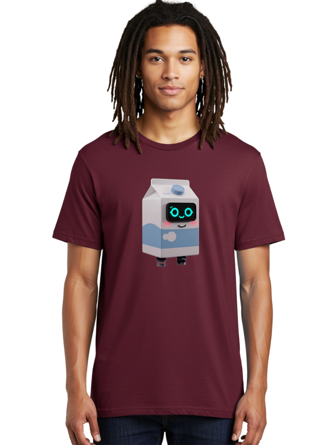 Milk-Carton-Robot Men'S Graphic Tee, 100% Cotton, Comfortable Casual Summer Wear, Machine Washable, Cartoon Milk Carton, Robot Character, Glowing Blue Eyes, Smiling Face, Cute Design, Childrens Illustration, 3D Rendering, Fun And Playful, Bae502