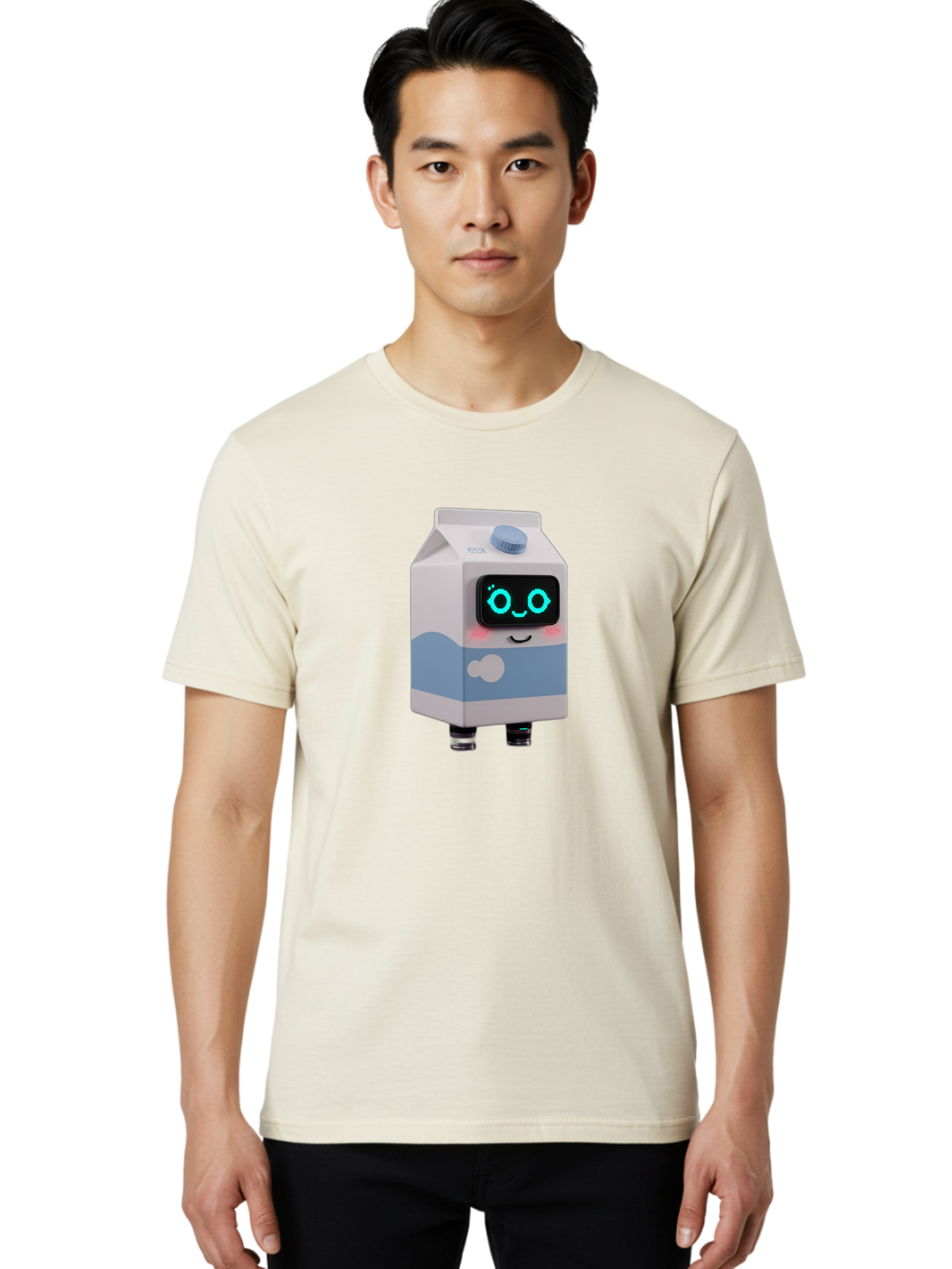 Milk-Carton-Robot Men'S Graphic Tee, 100% Cotton, Comfortable Casual Summer Wear, Machine Washable, Cartoon Milk Carton, Robot Character, Glowing Blue Eyes, Smiling Face, Cute Design, Childrens Illustration, 3D Rendering, Fun And Playful, Bae502