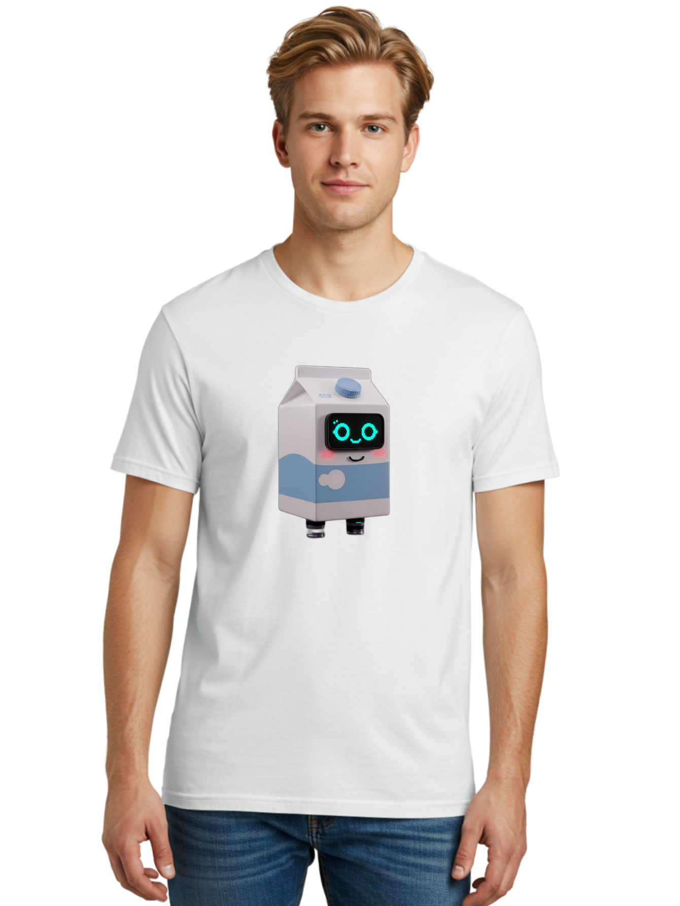 Milk-Carton-Robot Men'S Graphic Tee, 100% Cotton, Comfortable Casual Summer Wear, Machine Washable, Cartoon Milk Carton, Robot Character, Glowing Blue Eyes, Smiling Face, Cute Design, Childrens Illustration, 3D Rendering, Fun And Playful, Bae502