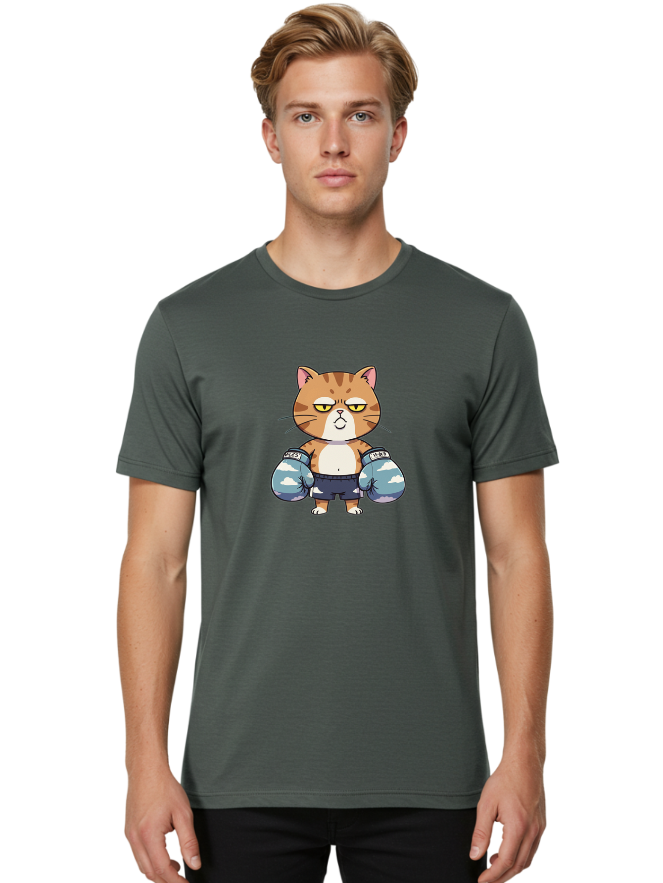 Milo-Cat Men'S Graphic Tee, 100% Cotton, Comfortable Casual Summer Wear, Machine Washable, Cartoon Cat, Boxing Gloves, Meows, Cat Boxing, Funny Cat, Animal Character, Cartoon Character, Boxing Cat, Feline, Cat With Gloves, Cat In Shorts Bae505