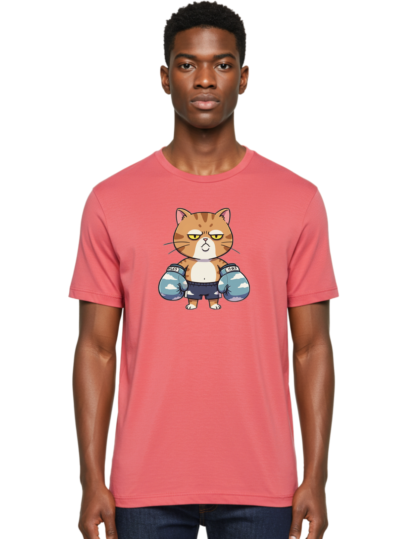 Milo-Cat Men'S Graphic Tee, 100% Cotton, Comfortable Casual Summer Wear, Machine Washable, Cartoon Cat, Boxing Gloves, Meows, Cat Boxing, Funny Cat, Animal Character, Cartoon Character, Boxing Cat, Feline, Cat With Gloves, Cat In Shorts Bae505