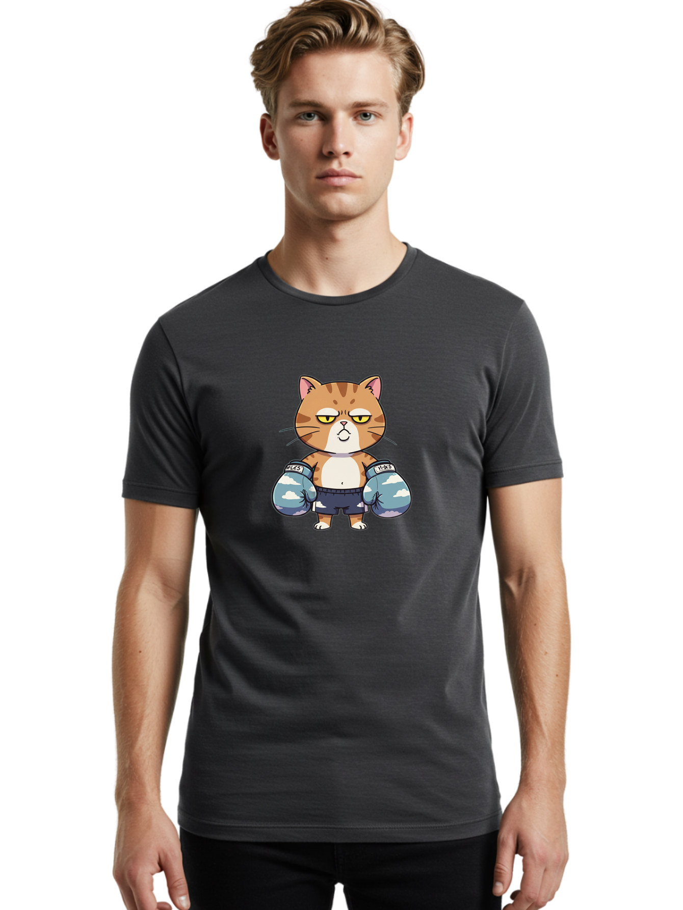 Milo-Cat Men'S Graphic Tee, 100% Cotton, Comfortable Casual Summer Wear, Machine Washable, Cartoon Cat, Boxing Gloves, Meows, Cat Boxing, Funny Cat, Animal Character, Cartoon Character, Boxing Cat, Feline, Cat With Gloves, Cat In Shorts Bae505