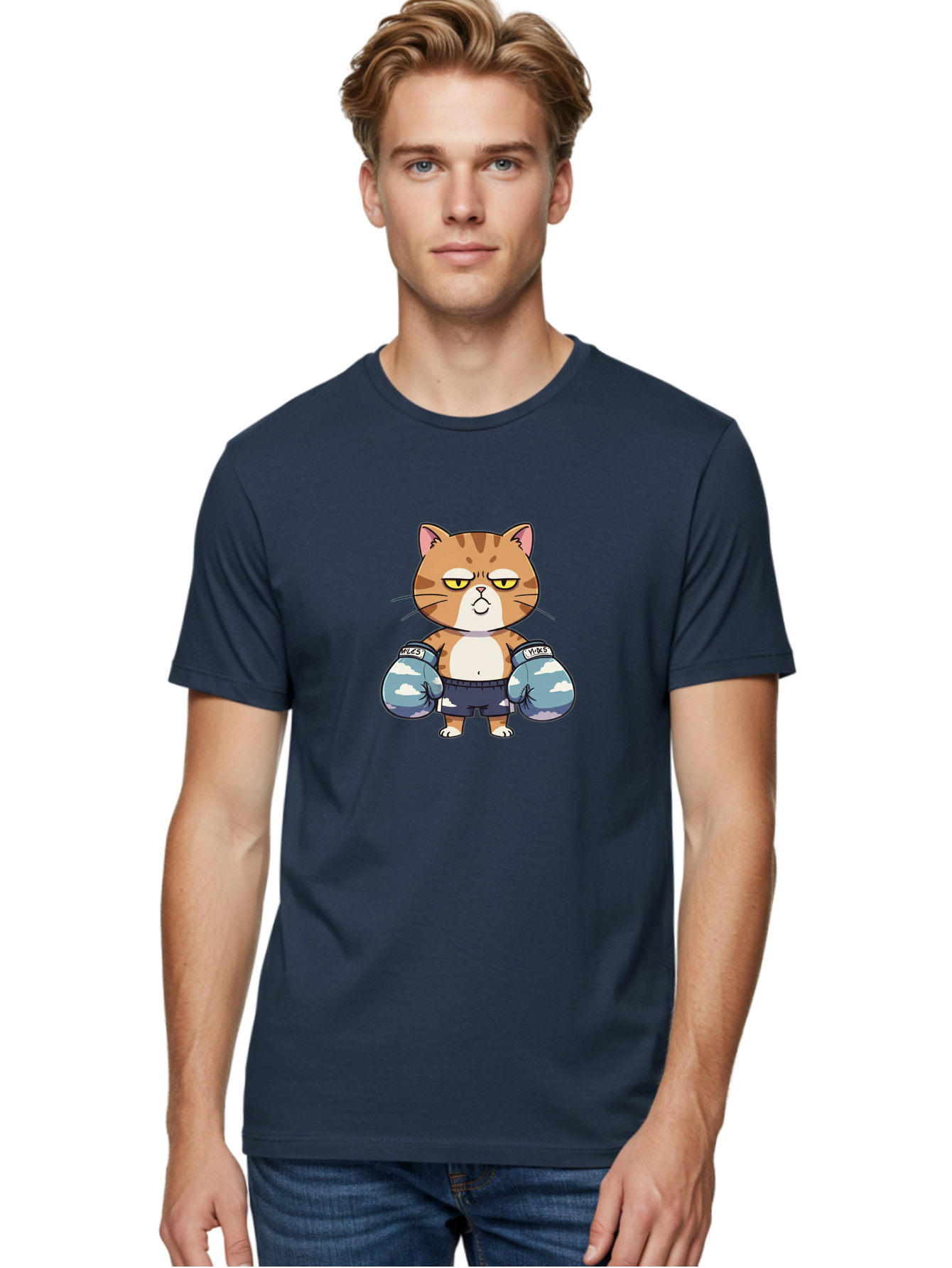 Milo-Cat Men'S Graphic Tee, 100% Cotton, Comfortable Casual Summer Wear, Machine Washable, Cartoon Cat, Boxing Gloves, Meows, Cat Boxing, Funny Cat, Animal Character, Cartoon Character, Boxing Cat, Feline, Cat With Gloves, Cat In Shorts Bae505