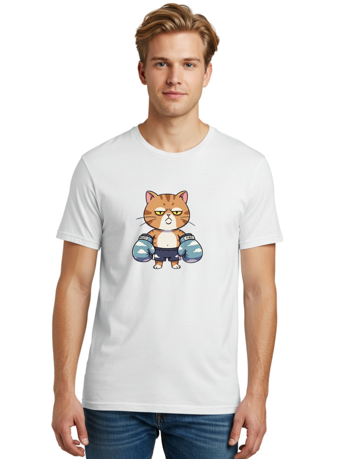 Milo-Cat Men'S Graphic Tee, 100% Cotton, Comfortable Casual Summer Wear, Machine Washable, Cartoon Cat, Boxing Gloves, Meows, Cat Boxing, Funny Cat, Animal Character, Cartoon Character, Boxing Cat, Feline, Cat With Gloves, Cat In Shorts Bae505