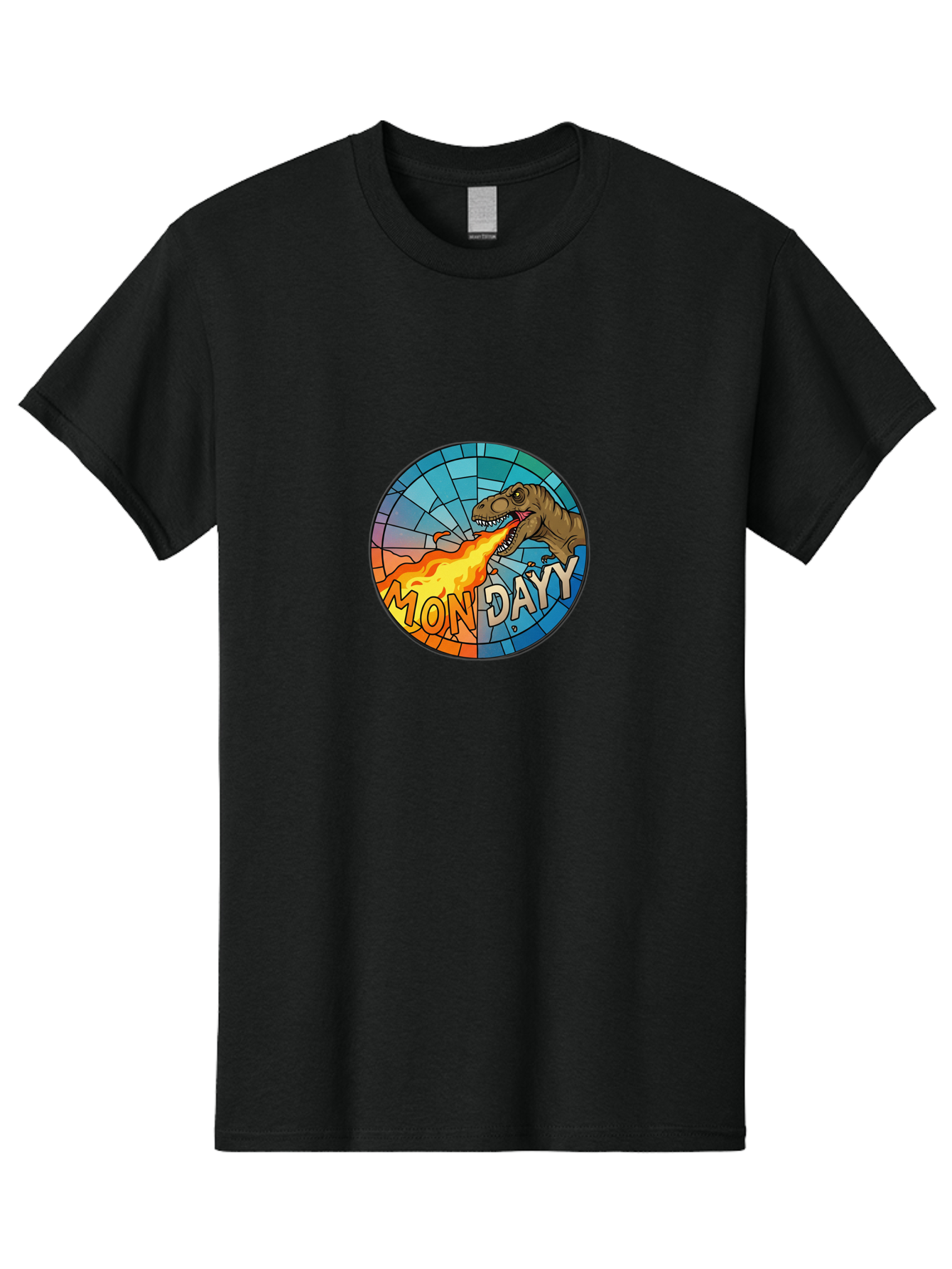 Mon-Dayy Men'S Graphic Tee, 100% Cotton, Comfortable Casual Summer Wear, Machine Washable, Cartoon T-Rex, Stained Glass Art, Fire-Breathing Dinosaur, Monday Motivation, Humorous Graphic, Bold Font, Dinosaur Artwork, Funny T-Rex Bae506