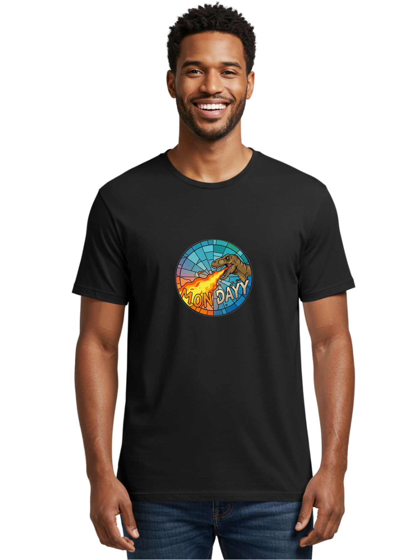 Mon-Dayy Men'S Graphic Tee, 100% Cotton, Comfortable Casual Summer Wear, Machine Washable, Cartoon T-Rex, Stained Glass Art, Fire-Breathing Dinosaur, Monday Motivation, Humorous Graphic, Bold Font, Dinosaur Artwork, Funny T-Rex Bae506