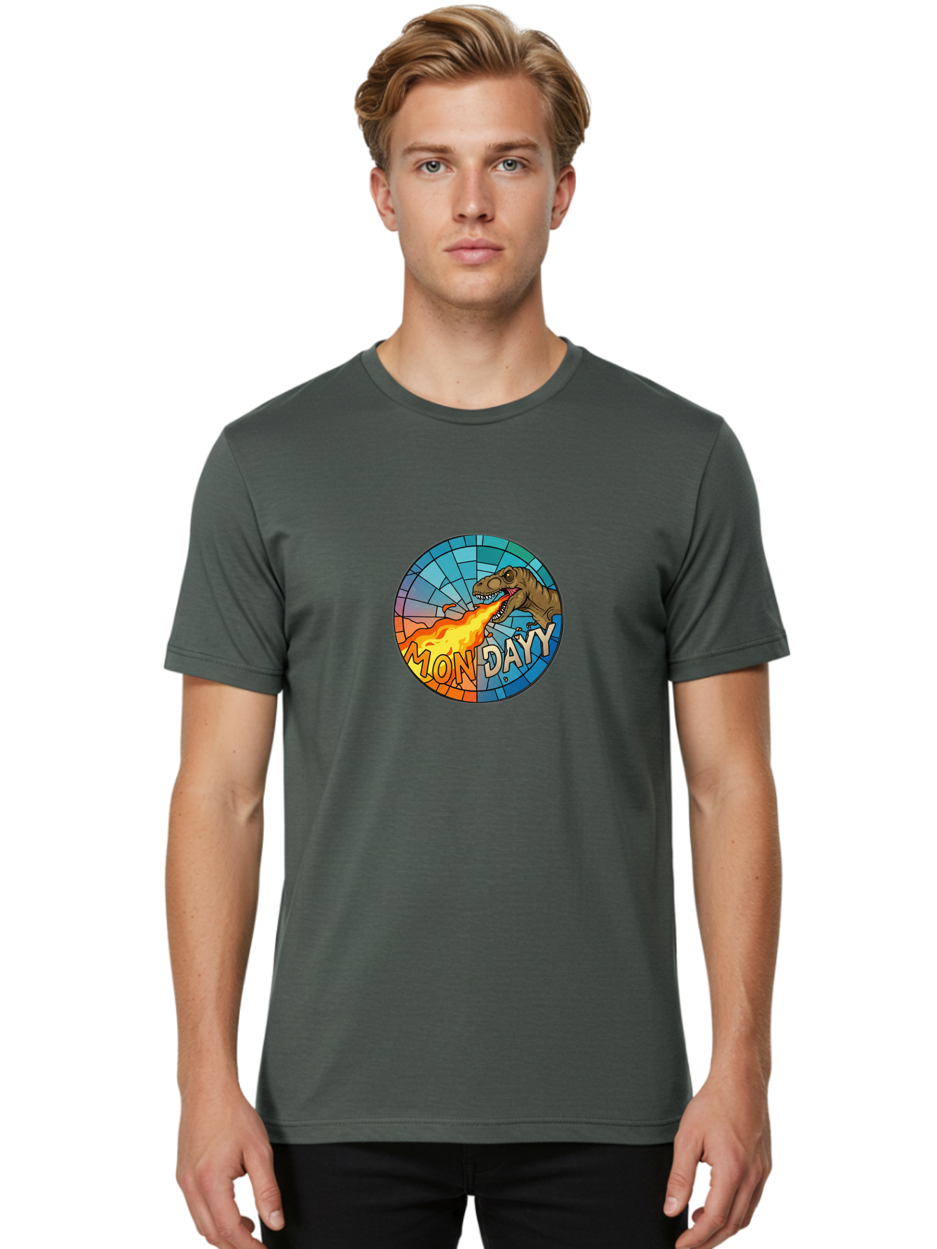 Mon-Dayy Men'S Graphic Tee, 100% Cotton, Comfortable Casual Summer Wear, Machine Washable, Cartoon T-Rex, Stained Glass Art, Fire-Breathing Dinosaur, Monday Motivation, Humorous Graphic, Bold Font, Dinosaur Artwork, Funny T-Rex Bae506
