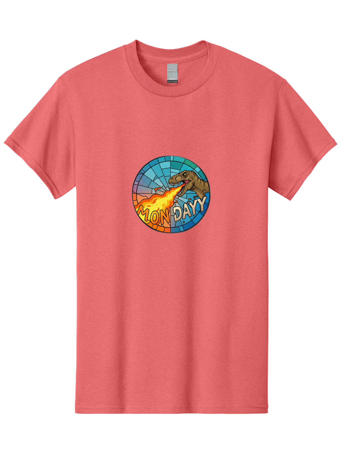 Mon-Dayy Men'S Graphic Tee, 100% Cotton, Comfortable Casual Summer Wear, Machine Washable, Cartoon T-Rex, Stained Glass Art, Fire-Breathing Dinosaur, Monday Motivation, Humorous Graphic, Bold Font, Dinosaur Artwork, Funny T-Rex Bae506