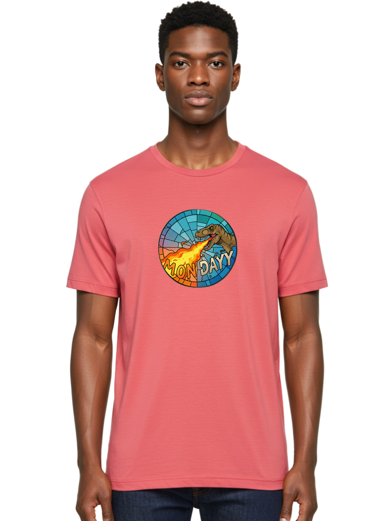 Mon-Dayy Men'S Graphic Tee, 100% Cotton, Comfortable Casual Summer Wear, Machine Washable, Cartoon T-Rex, Stained Glass Art, Fire-Breathing Dinosaur, Monday Motivation, Humorous Graphic, Bold Font, Dinosaur Artwork, Funny T-Rex Bae506