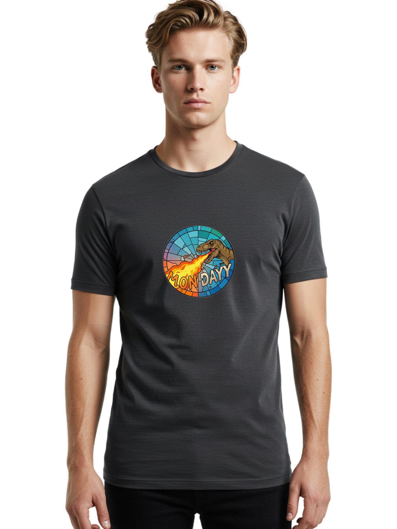 Mon-Dayy Men'S Graphic Tee, 100% Cotton, Comfortable Casual Summer Wear, Machine Washable, Cartoon T-Rex, Stained Glass Art, Fire-Breathing Dinosaur, Monday Motivation, Humorous Graphic, Bold Font, Dinosaur Artwork, Funny T-Rex Bae506