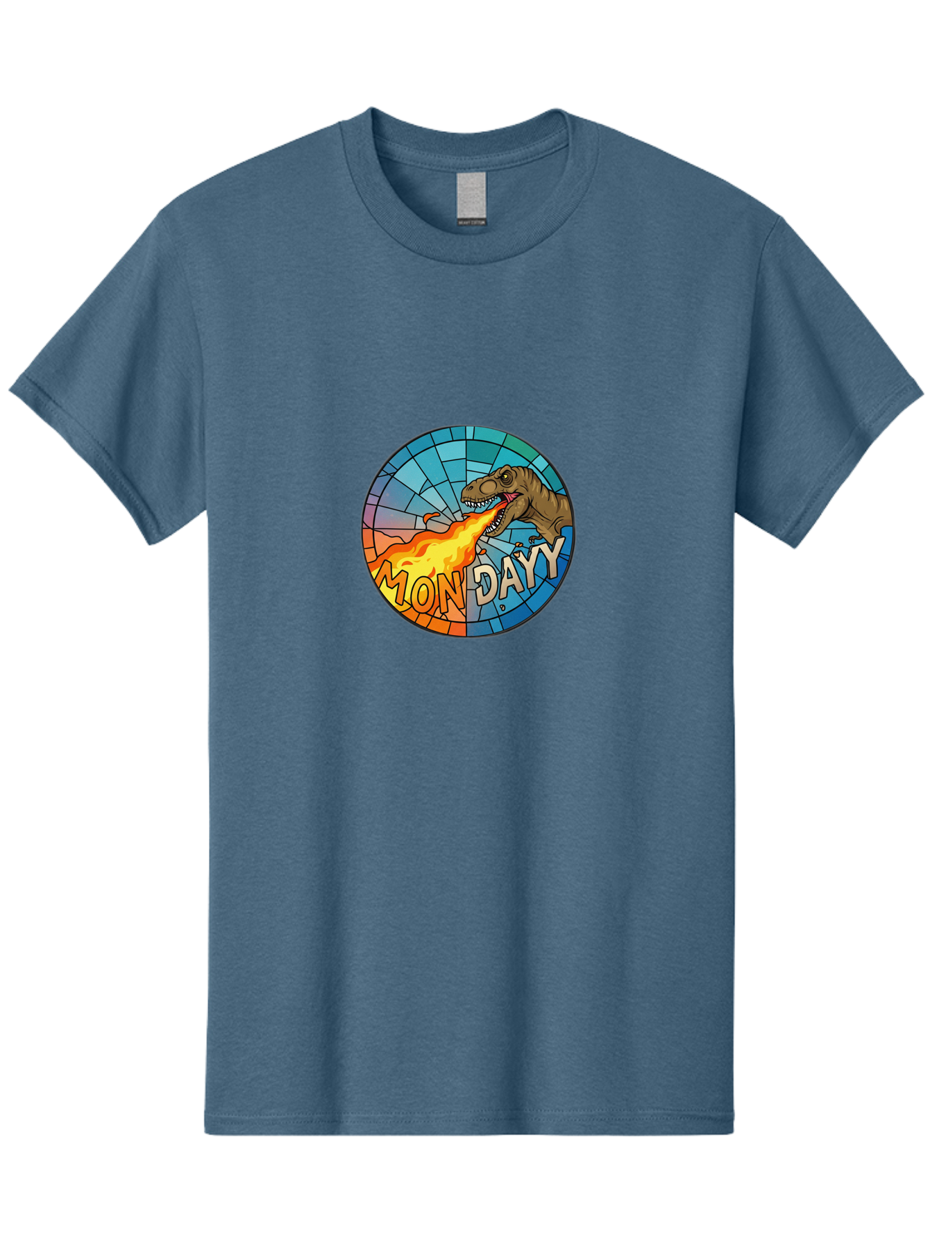 Mon-Dayy Men'S Graphic Tee, 100% Cotton, Comfortable Casual Summer Wear, Machine Washable, Cartoon T-Rex, Stained Glass Art, Fire-Breathing Dinosaur, Monday Motivation, Humorous Graphic, Bold Font, Dinosaur Artwork, Funny T-Rex Bae506