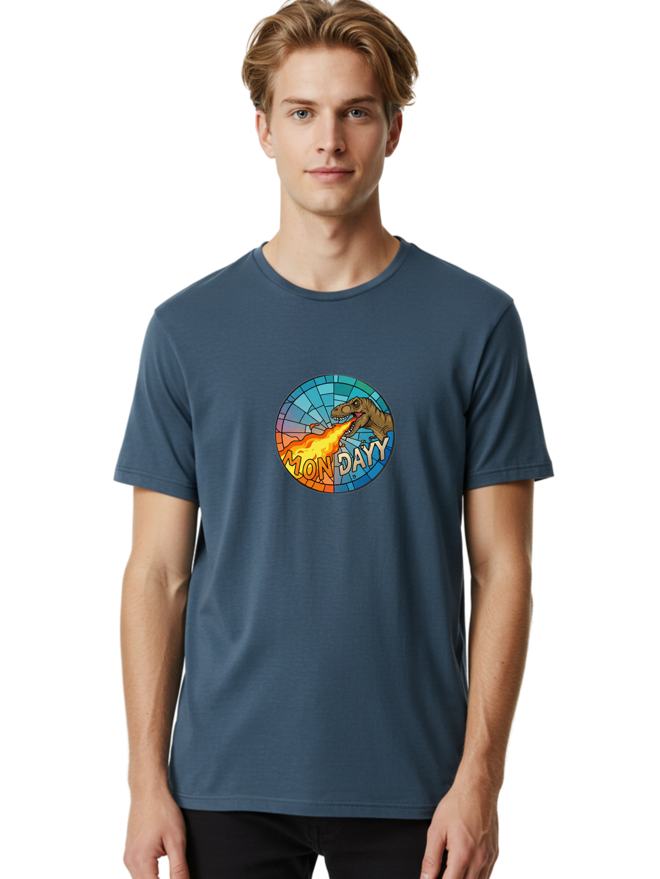 Mon-Dayy Men'S Graphic Tee, 100% Cotton, Comfortable Casual Summer Wear, Machine Washable, Cartoon T-Rex, Stained Glass Art, Fire-Breathing Dinosaur, Monday Motivation, Humorous Graphic, Bold Font, Dinosaur Artwork, Funny T-Rex Bae506