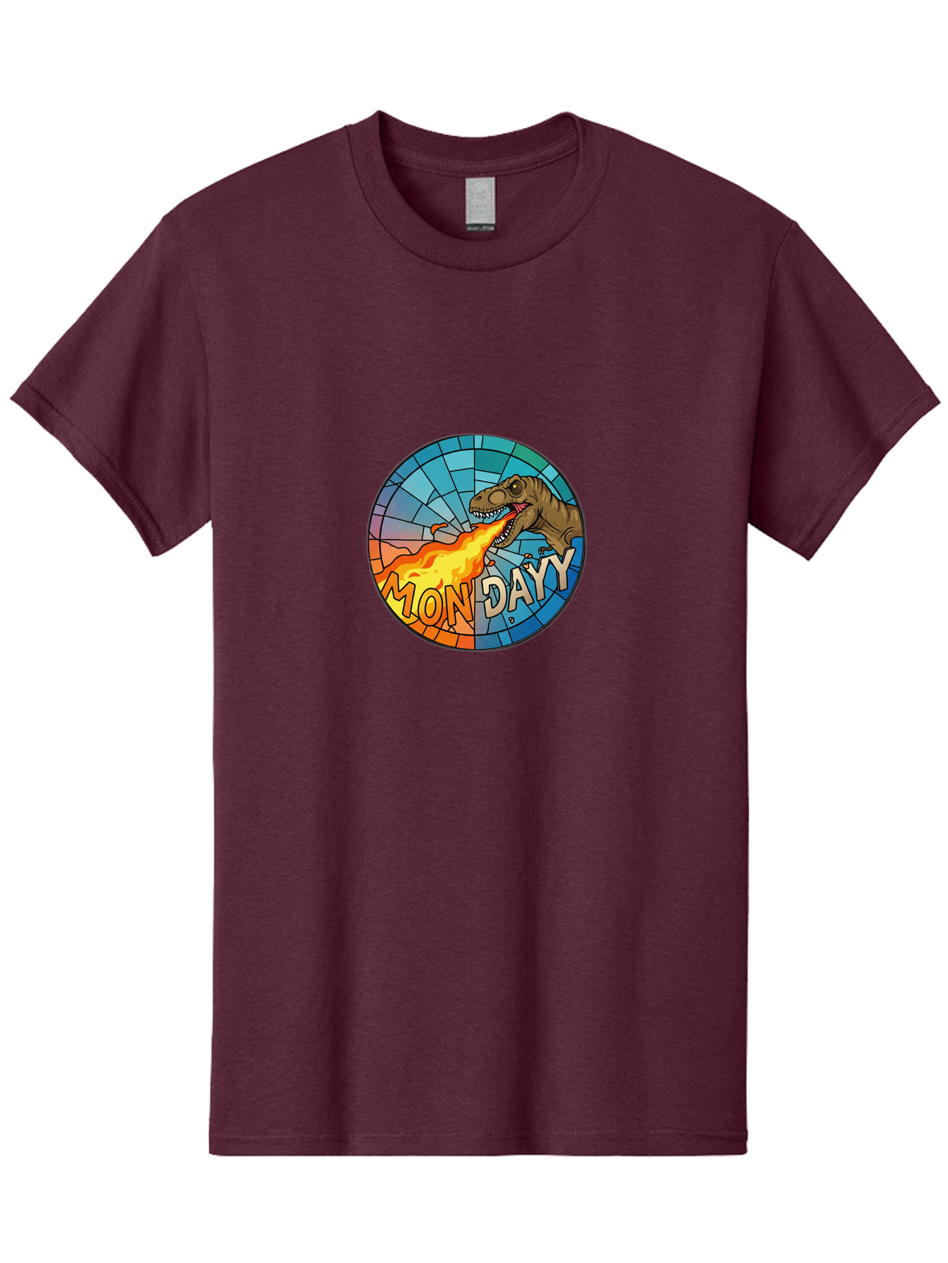 Mon-Dayy Men'S Graphic Tee, 100% Cotton, Comfortable Casual Summer Wear, Machine Washable, Cartoon T-Rex, Stained Glass Art, Fire-Breathing Dinosaur, Monday Motivation, Humorous Graphic, Bold Font, Dinosaur Artwork, Funny T-Rex Bae506