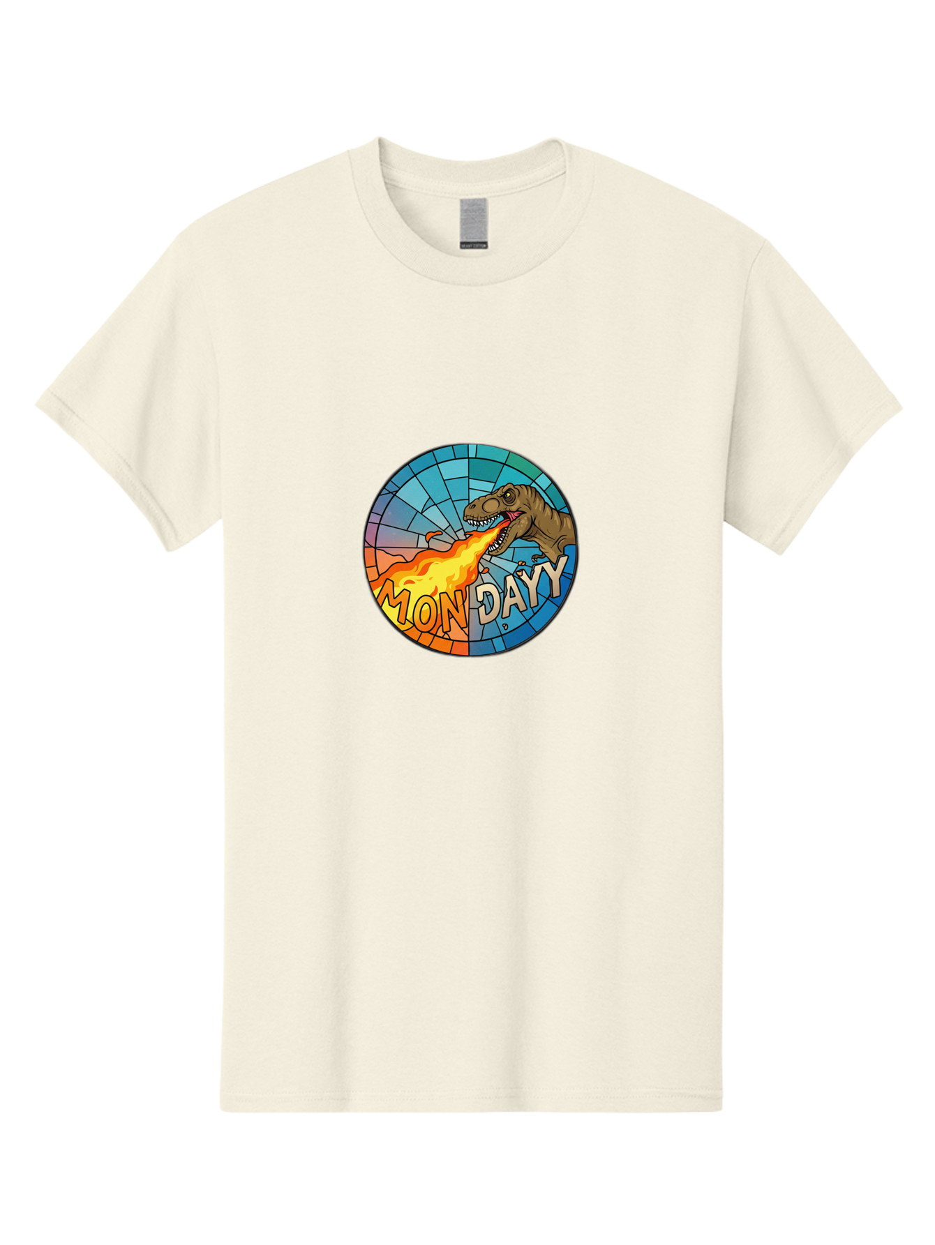 Mon-Dayy Men'S Graphic Tee, 100% Cotton, Comfortable Casual Summer Wear, Machine Washable, Cartoon T-Rex, Stained Glass Art, Fire-Breathing Dinosaur, Monday Motivation, Humorous Graphic, Bold Font, Dinosaur Artwork, Funny T-Rex Bae506